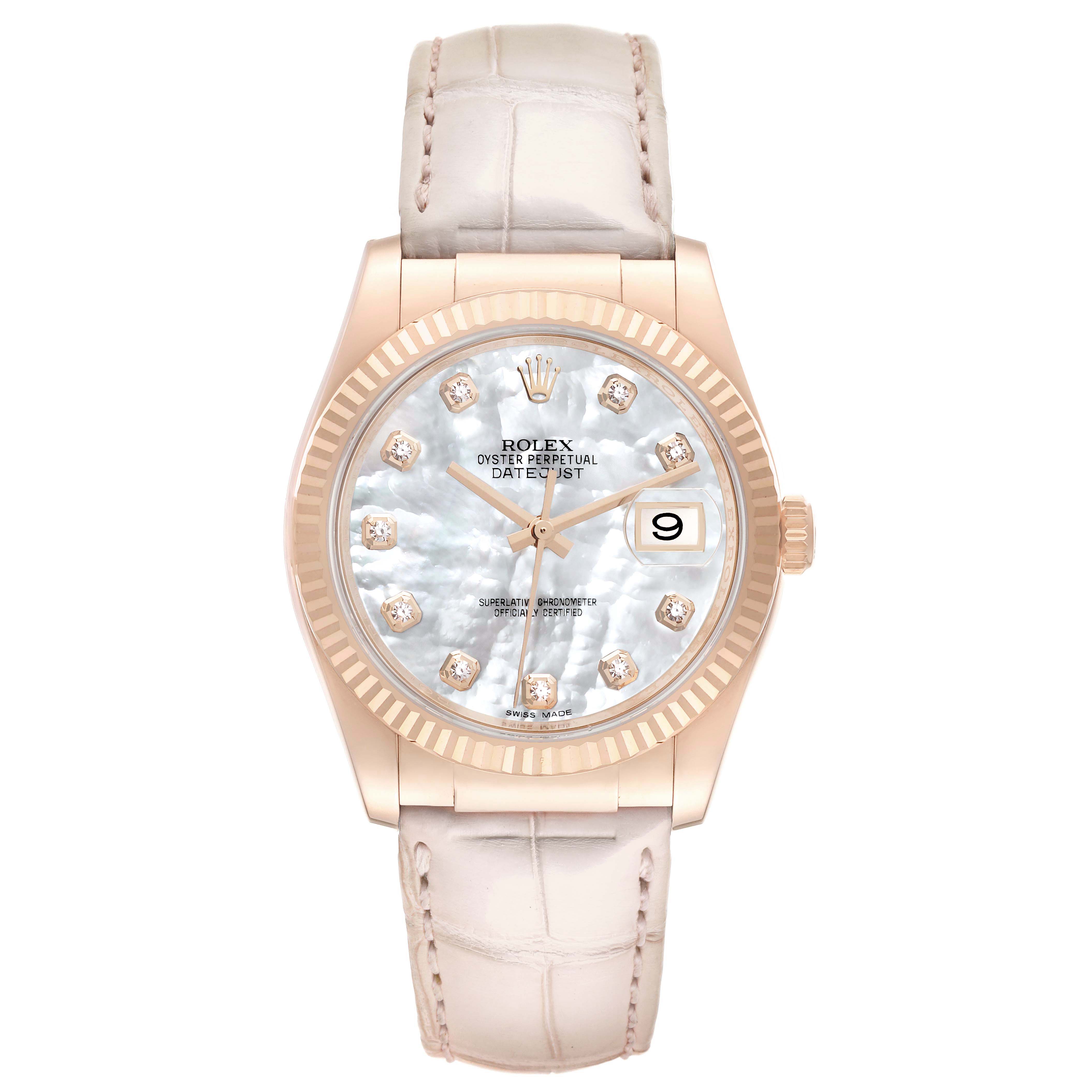 The Rolex Datejust 116135 Men's Rose Gold Mother of Pearl Dial watch is shown from the front, featuring a fluted bezel, a mother-of-pearl dial with diamond hour markers, and a leather strap.
