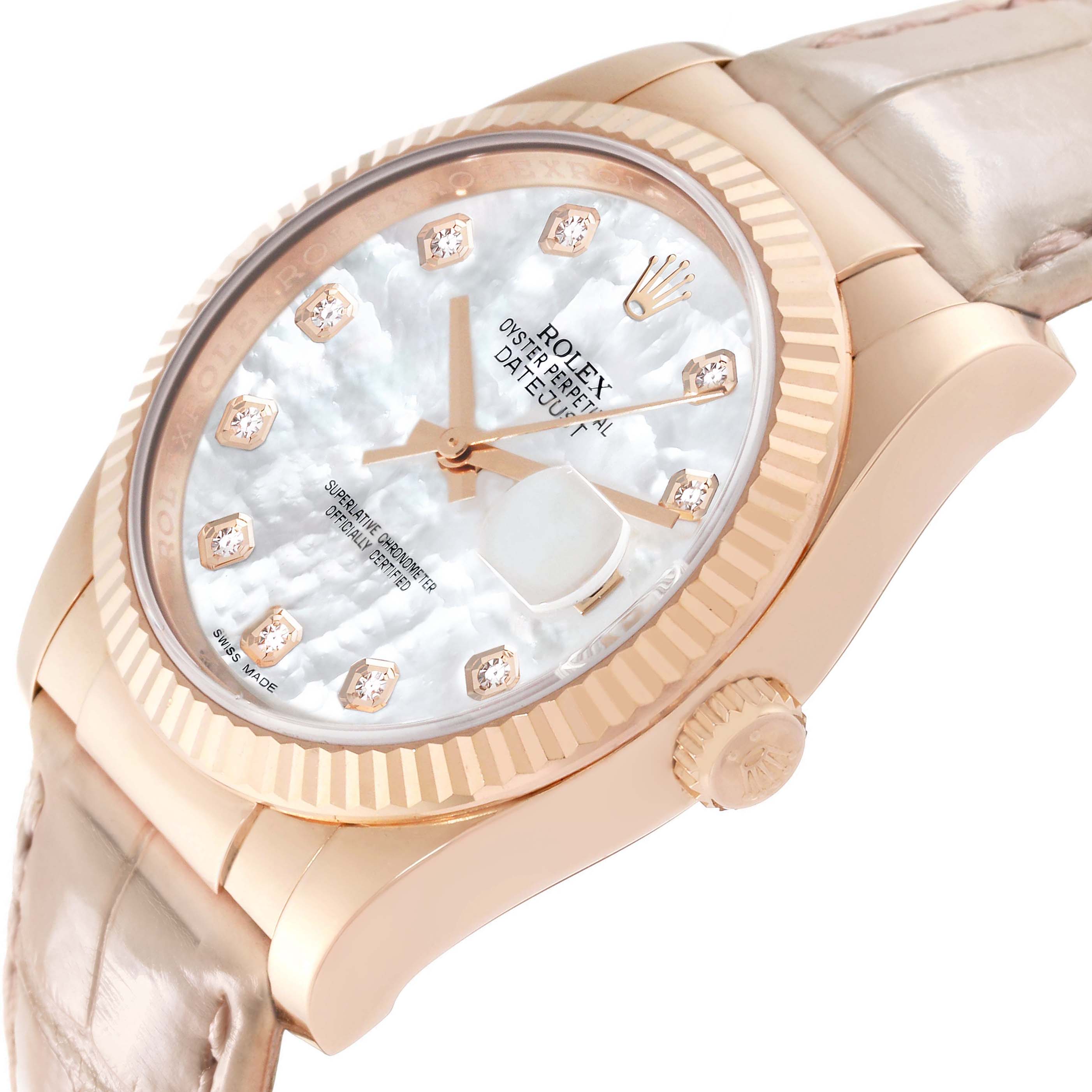 The Rolex Datejust 116135 Men's Rose Gold Mother of Pearl Dial watch is shown at a slight angle, highlighting the dial, bezel, and crown.