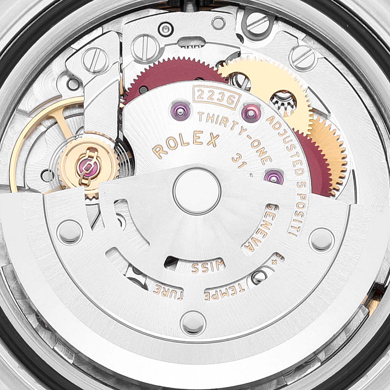 This image shows the movement and internal mechanism of a Rolex Datejust 279381 Women's Steel and Gold (two tone) Mother of Pearl Dial 279381 Women's Steel and Gold (two tone) Mother of Pearl Dial watch, featuring intricate gears and components.