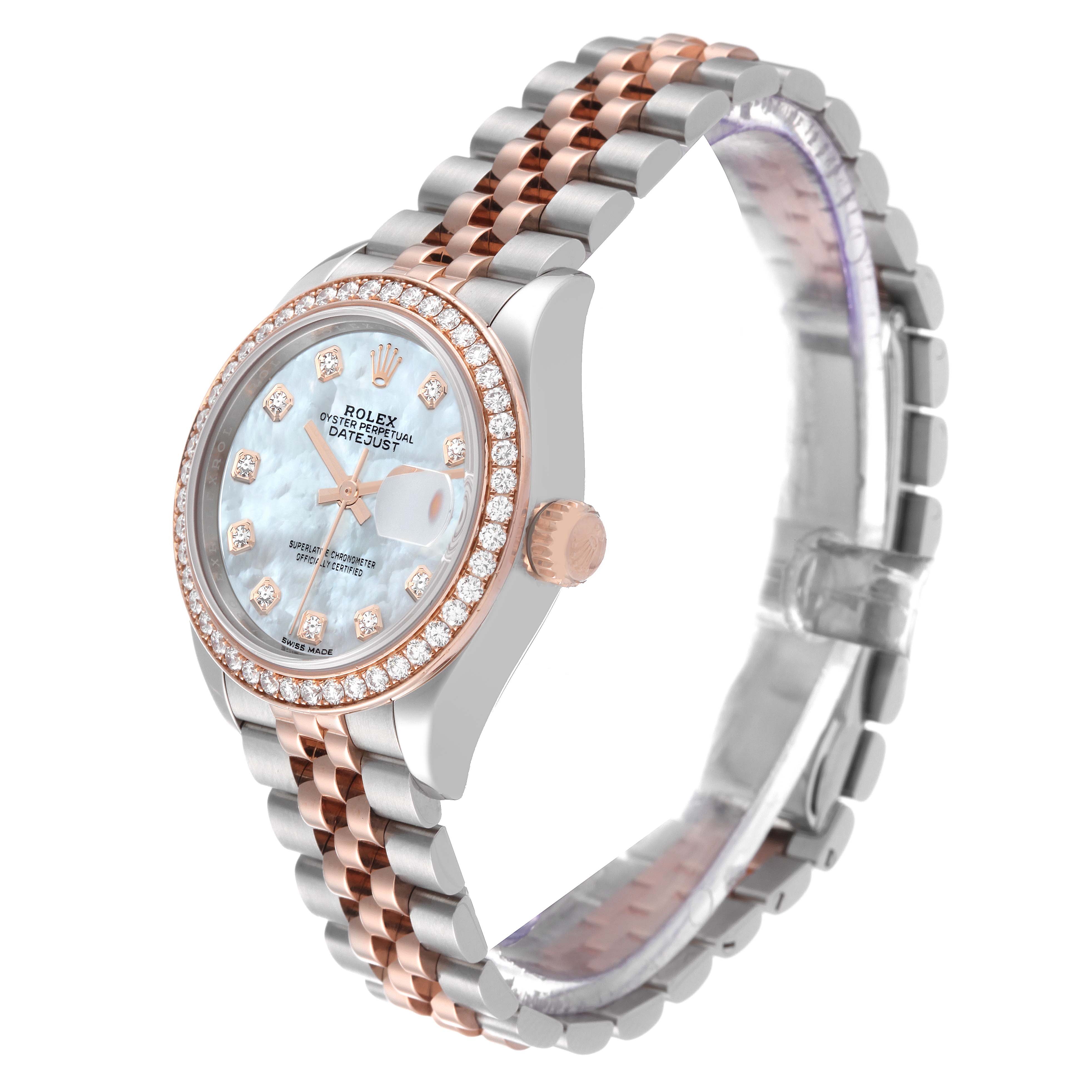 The Rolex Datejust 279381 Women's Steel and Gold (two tone) Mother of Pearl Dial 279381 Women's Steel and Gold (two tone) Mother of Pearl Dial watch is shown at an angled side view, displaying the dial, bezel, crown, and two-tone metal bracelet.