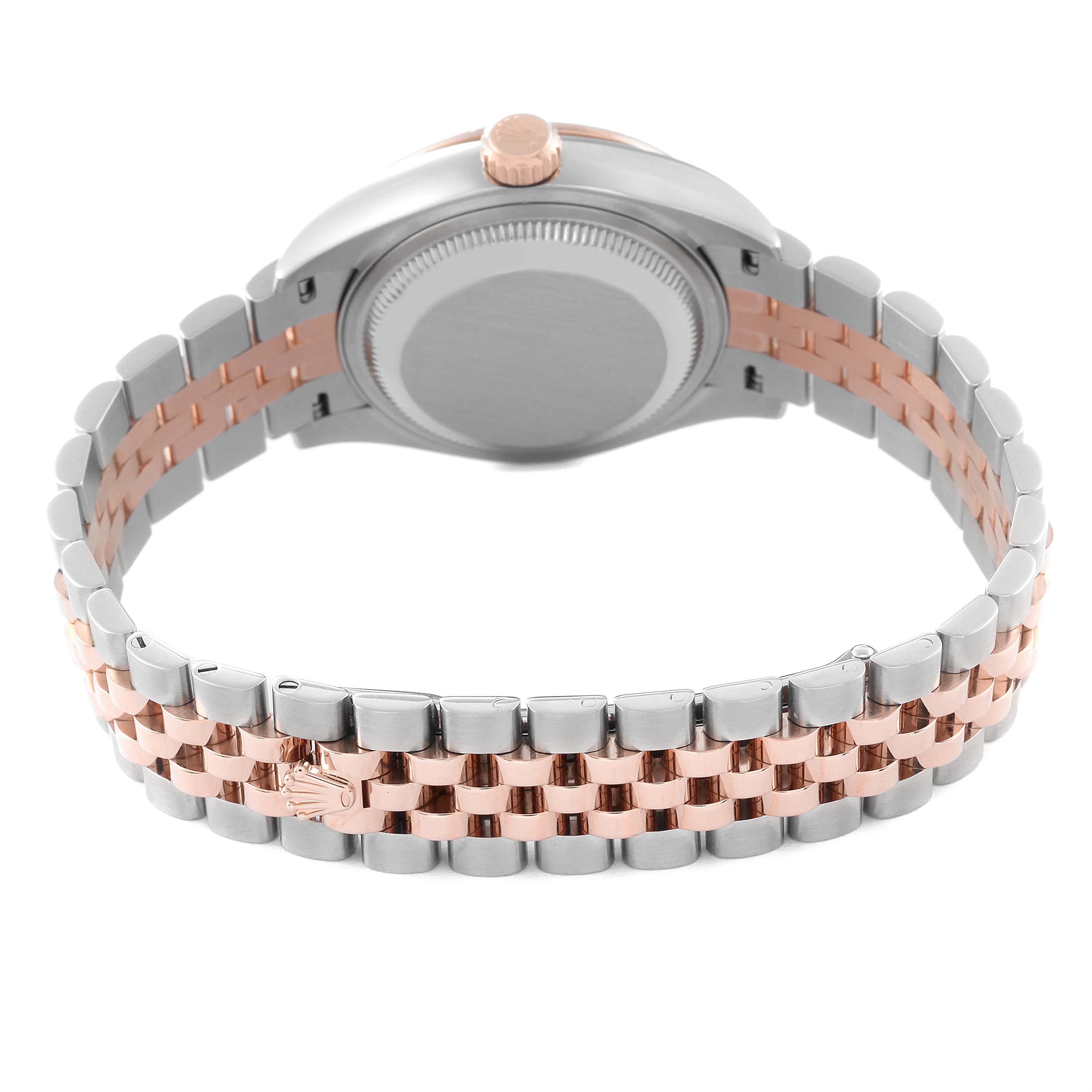 The image shows the back view of a Rolex Datejust 279381 Women's Steel and Gold (two tone) Mother of Pearl Dial 279381 Women's Steel and Gold (two tone) Mother of Pearl Dial watch, highlighting the case back, crown, and two-tone bracelet.