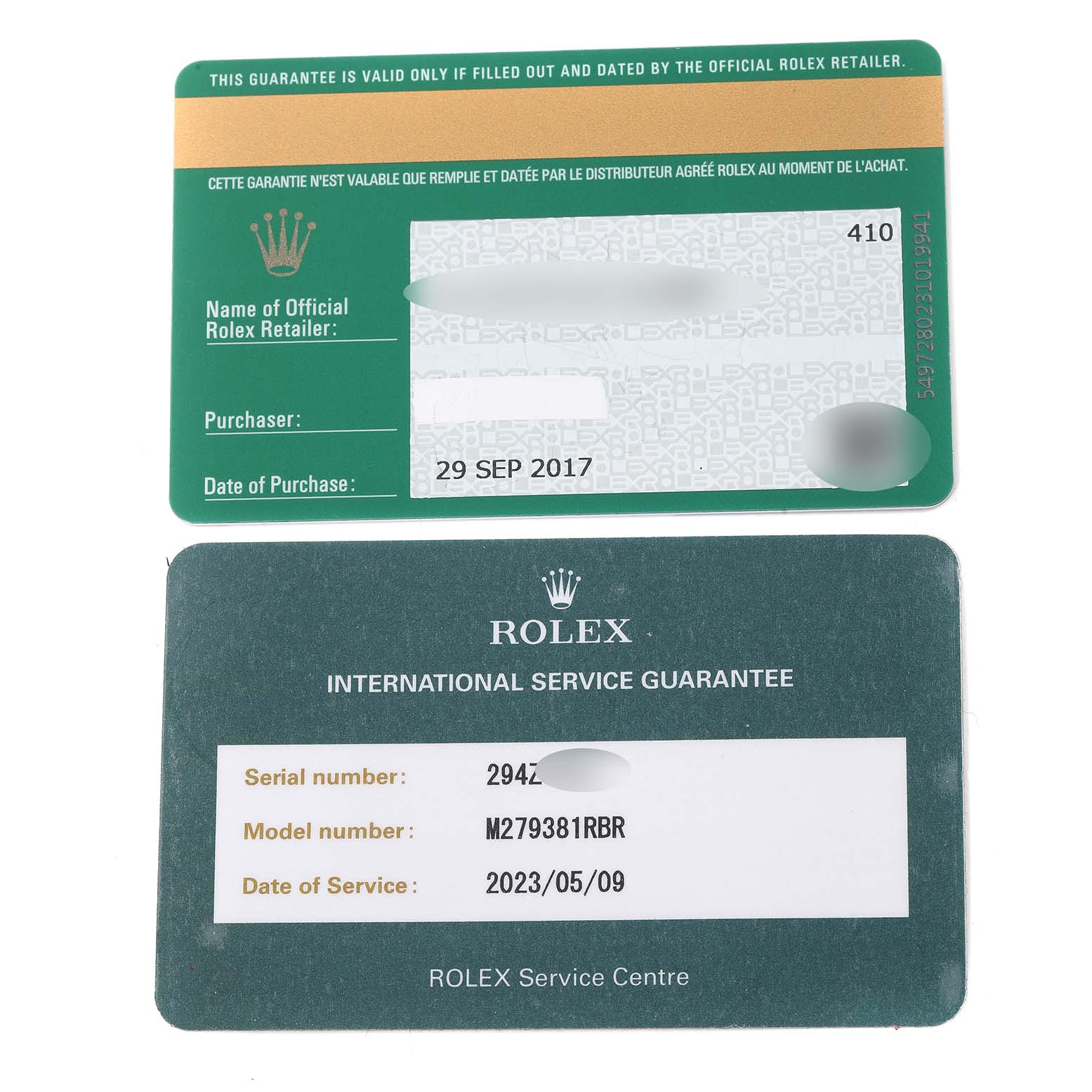The image shows an official Rolex guarantee card and an international service guarantee card for a Rolex Datejust 279381 Women's Steel and Gold (two tone) Mother of Pearl Dial 279381 Women's Steel and Gold (two tone) Mother of Pearl Dial model.