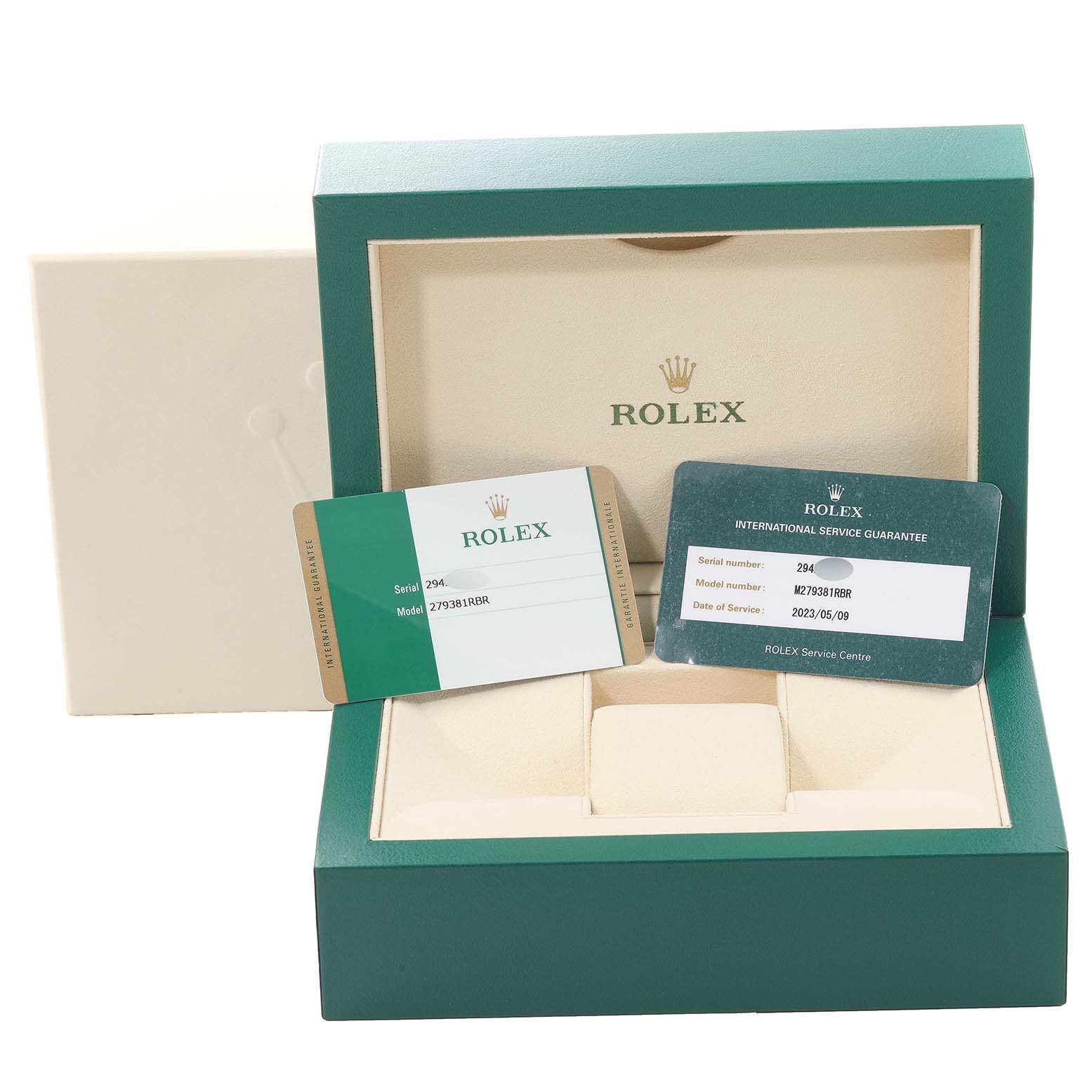 The image shows the Rolex Datejust 279381 Women's Steel and Gold (two tone) Mother of Pearl Dial 279381 Women's Steel and Gold (two tone) Mother of Pearl Dial packaging box, guarantee card, and service guarantee card.