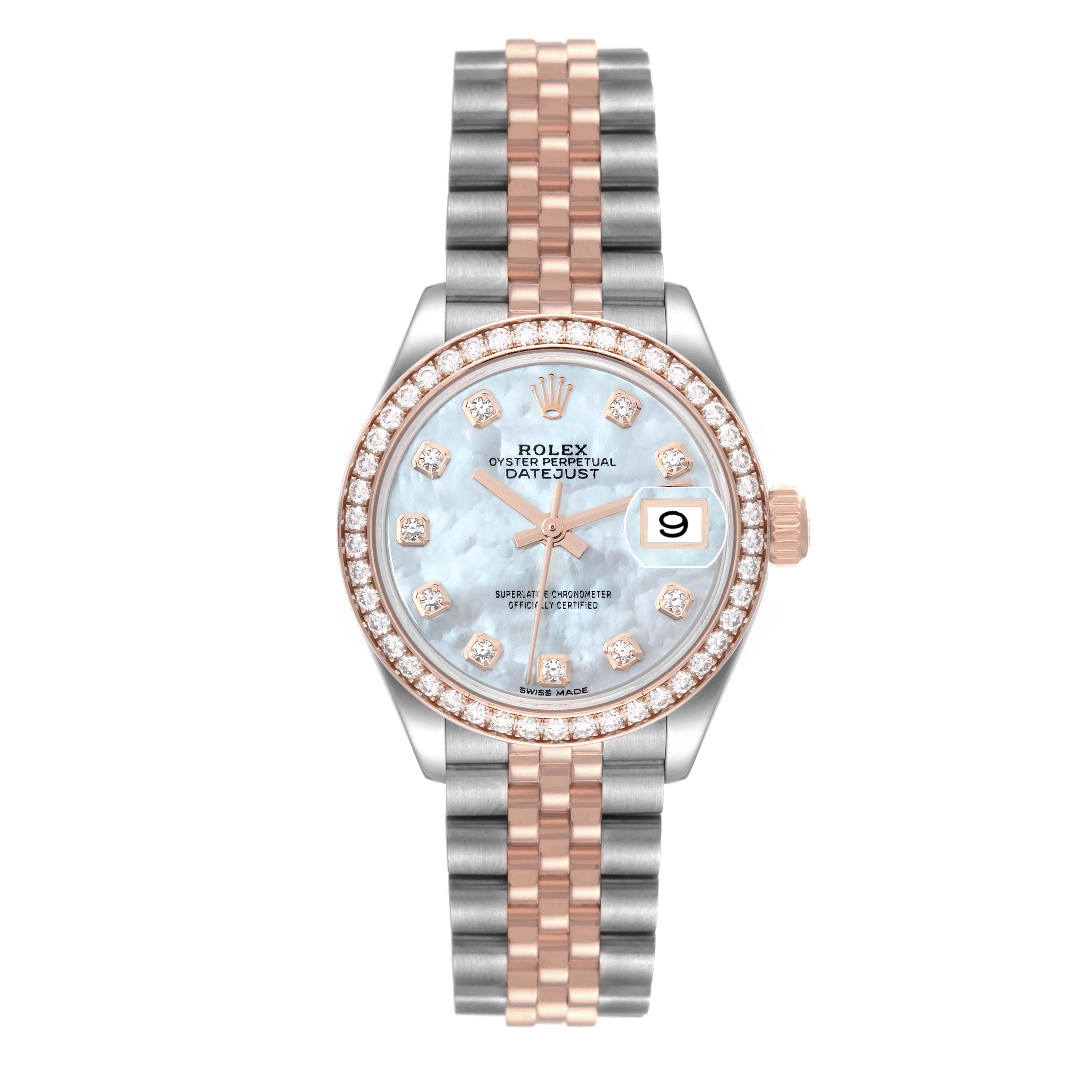 The image shows a front view of a Rolex Datejust 279381 Women's Steel and Gold (two tone) Mother of Pearl Dial 279381 Women's Steel and Gold (two tone) Mother of Pearl Dial watch with a diamond bezel and two-tone bracelet.