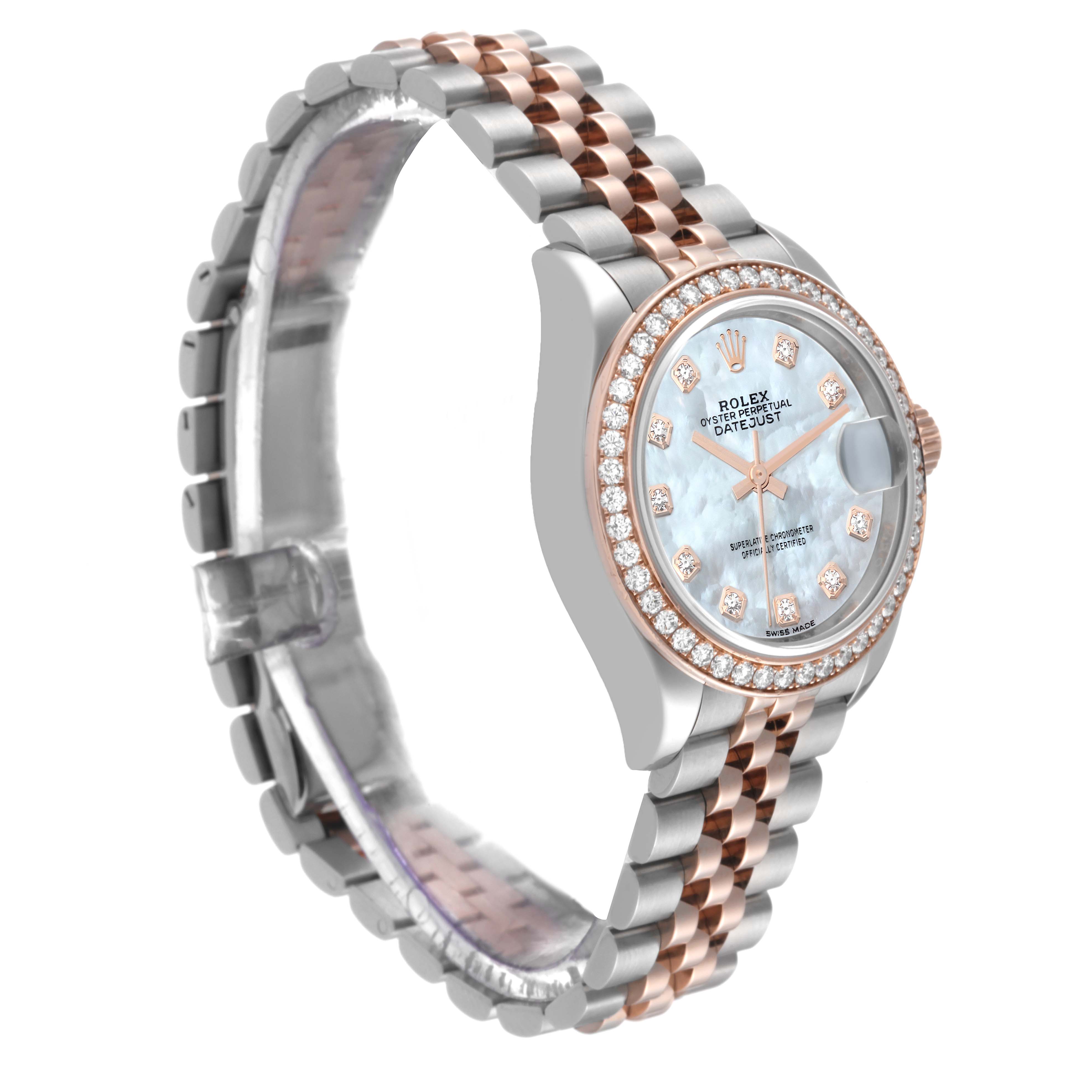 The Rolex Datejust 279381 Women's Steel and Gold (two tone) Mother of Pearl Dial 279381 Women's Steel and Gold (two tone) Mother of Pearl Dial watch is shown at a three-quarter angle highlighting the face, bezel, and two-tone bracelet.