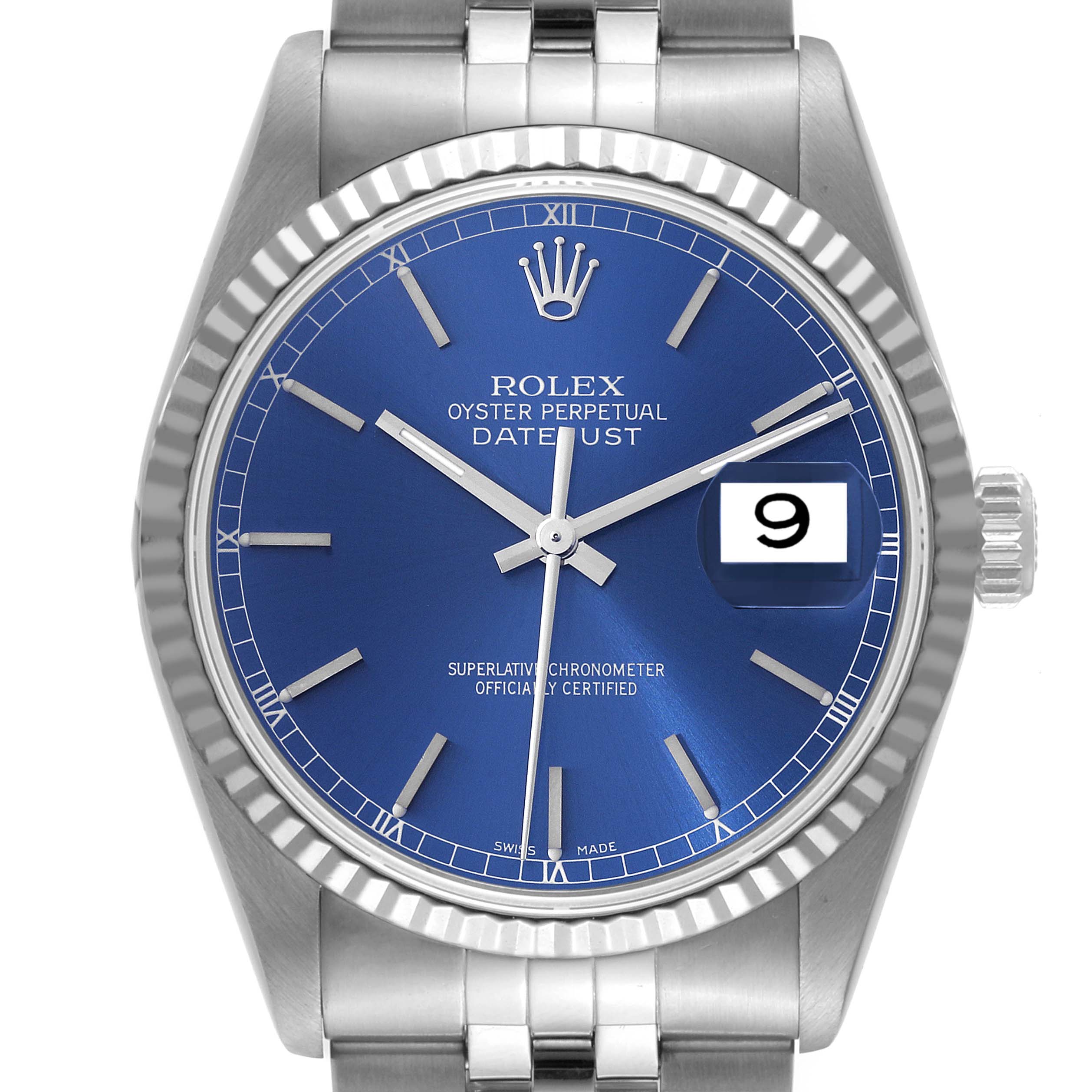 This Rolex Datejust 16234 Men's Stainless Steel Blue Dial 16234 Men's Stainless Steel Blue Dial watch is shown from a front angle, highlighting the blue dial, date window, and stainless steel bracelet.