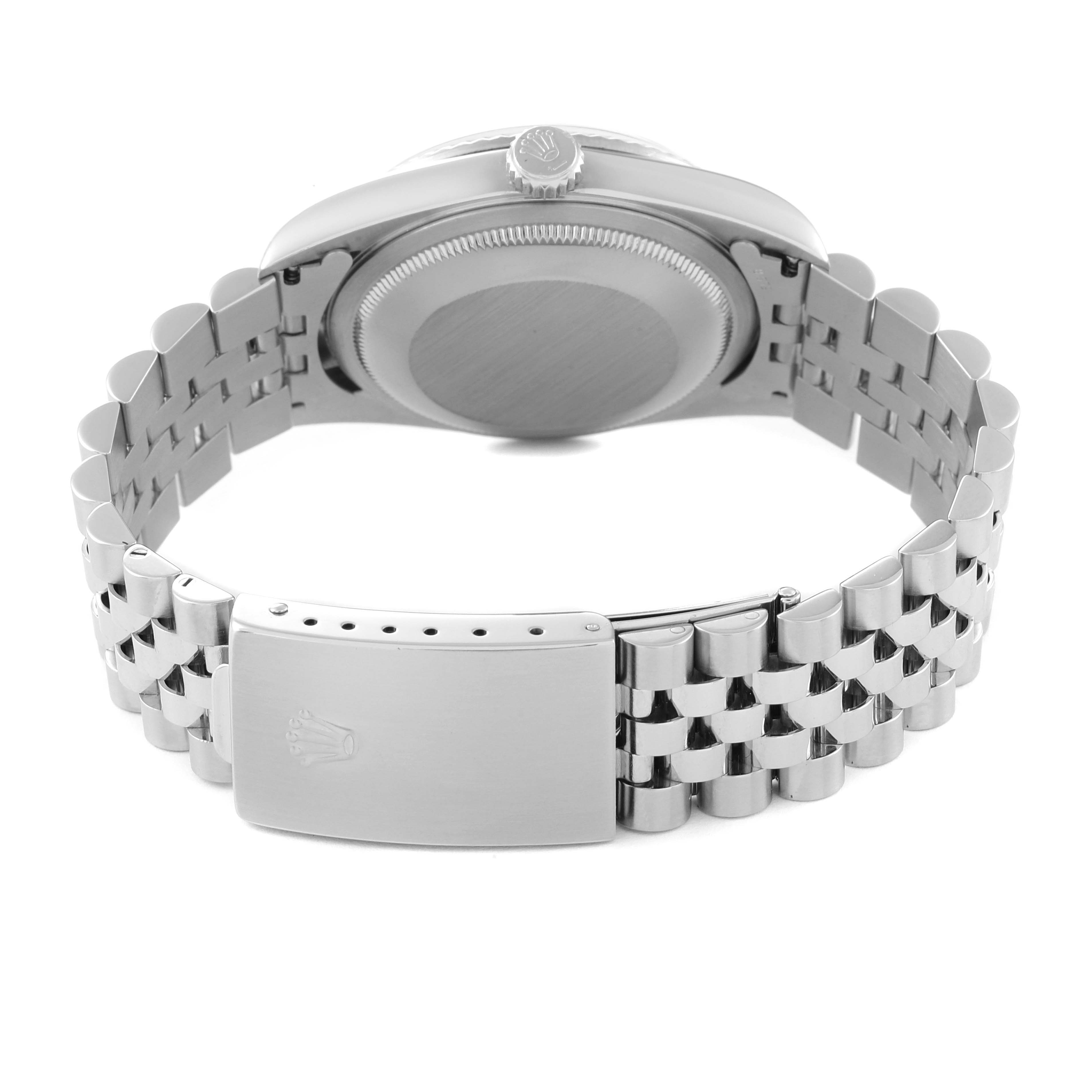 The image shows the back view of a Rolex Datejust 16234 Men's Stainless Steel Blue Dial 16234 Men's Stainless Steel Blue Dial watch, highlighting the case back and the Jubilee bracelet with a clasp.