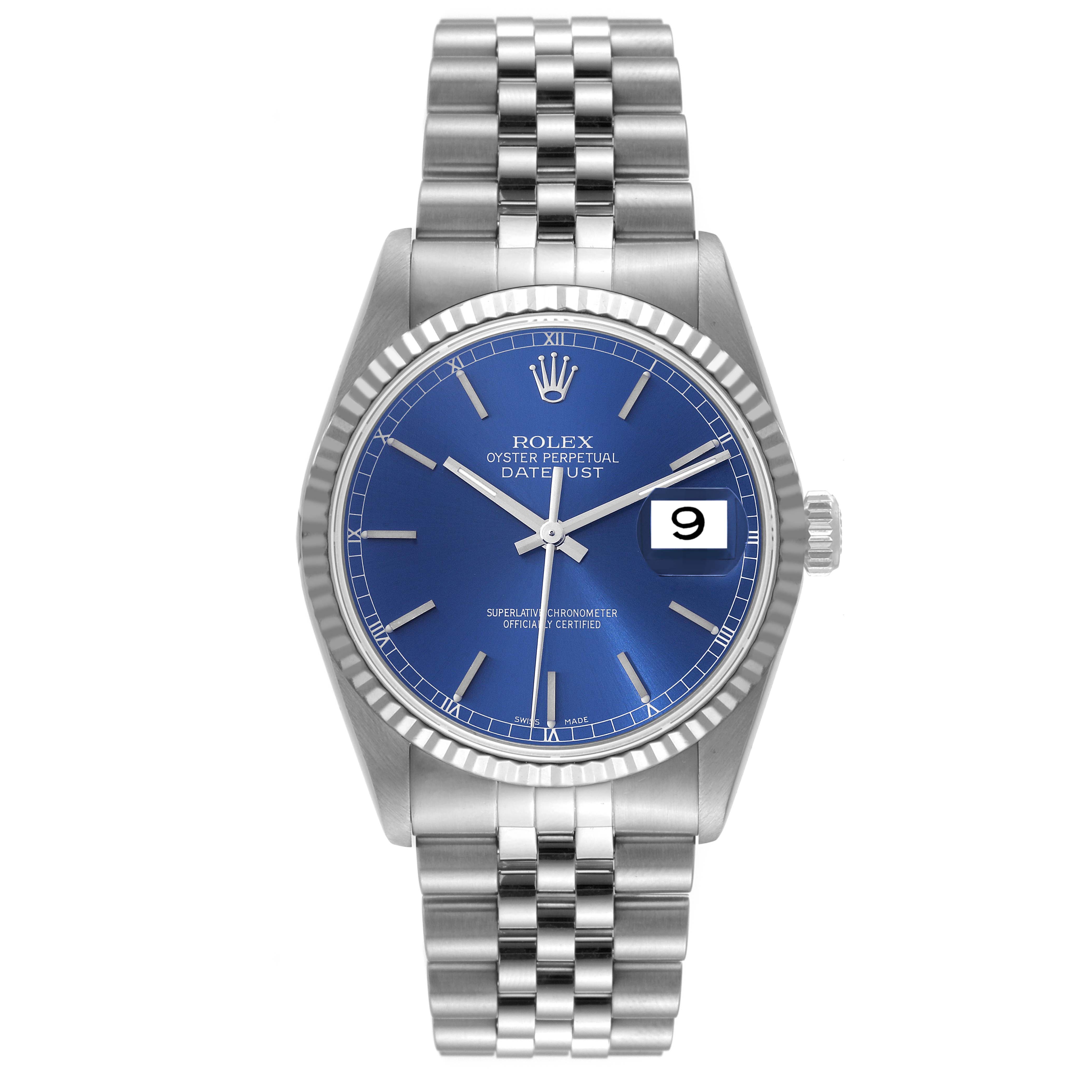 This image shows the front view of a Rolex Datejust 16234 Men's Stainless Steel Blue Dial 16234 Men's Stainless Steel Blue Dial watch with a blue dial and jubilee bracelet.