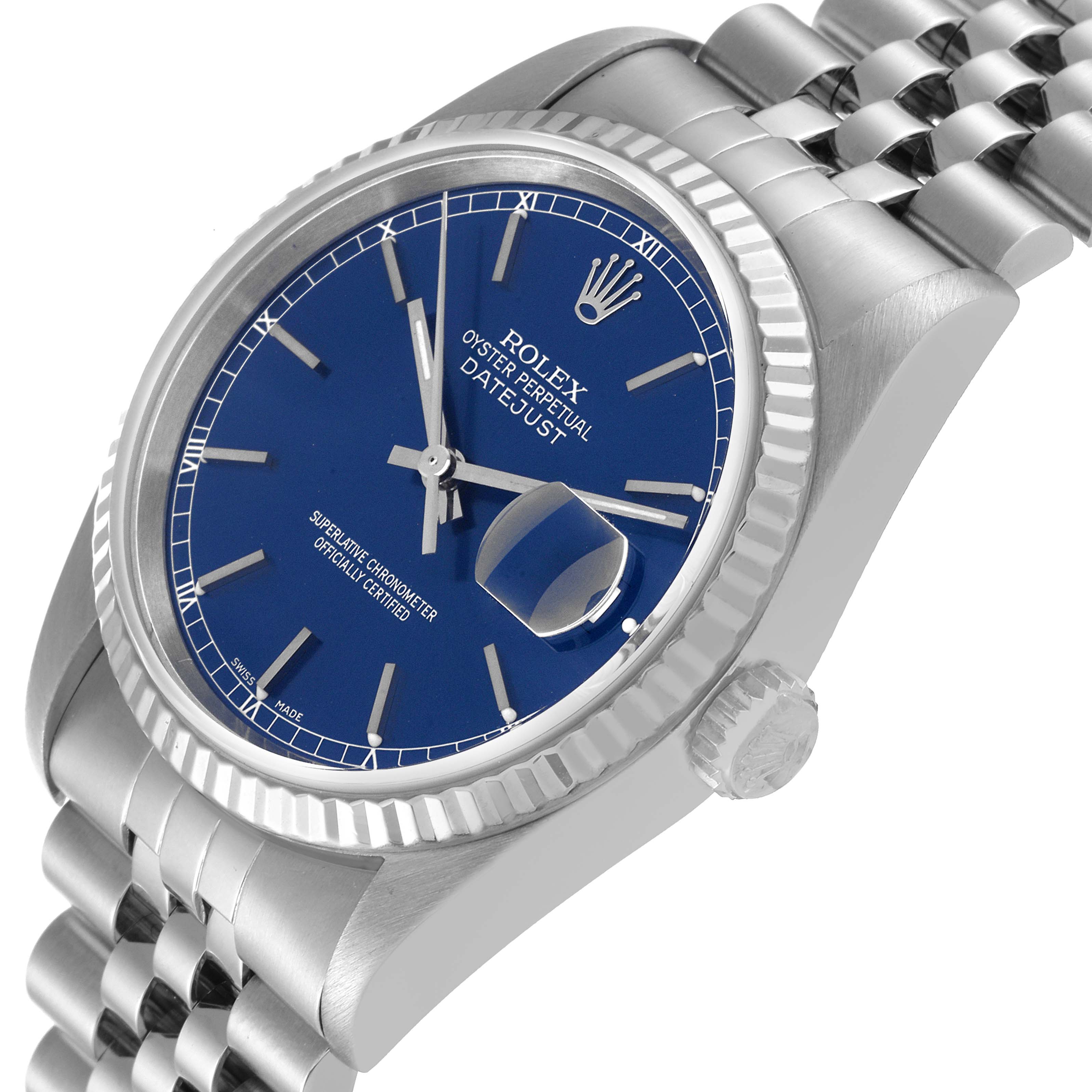 The Rolex Datejust 16234 Men's Stainless Steel Blue Dial 16234 Men's Stainless Steel Blue Dial watch is shown at an oblique angle, highlighting its blue dial, bezel, crown, and part of the bracelet.