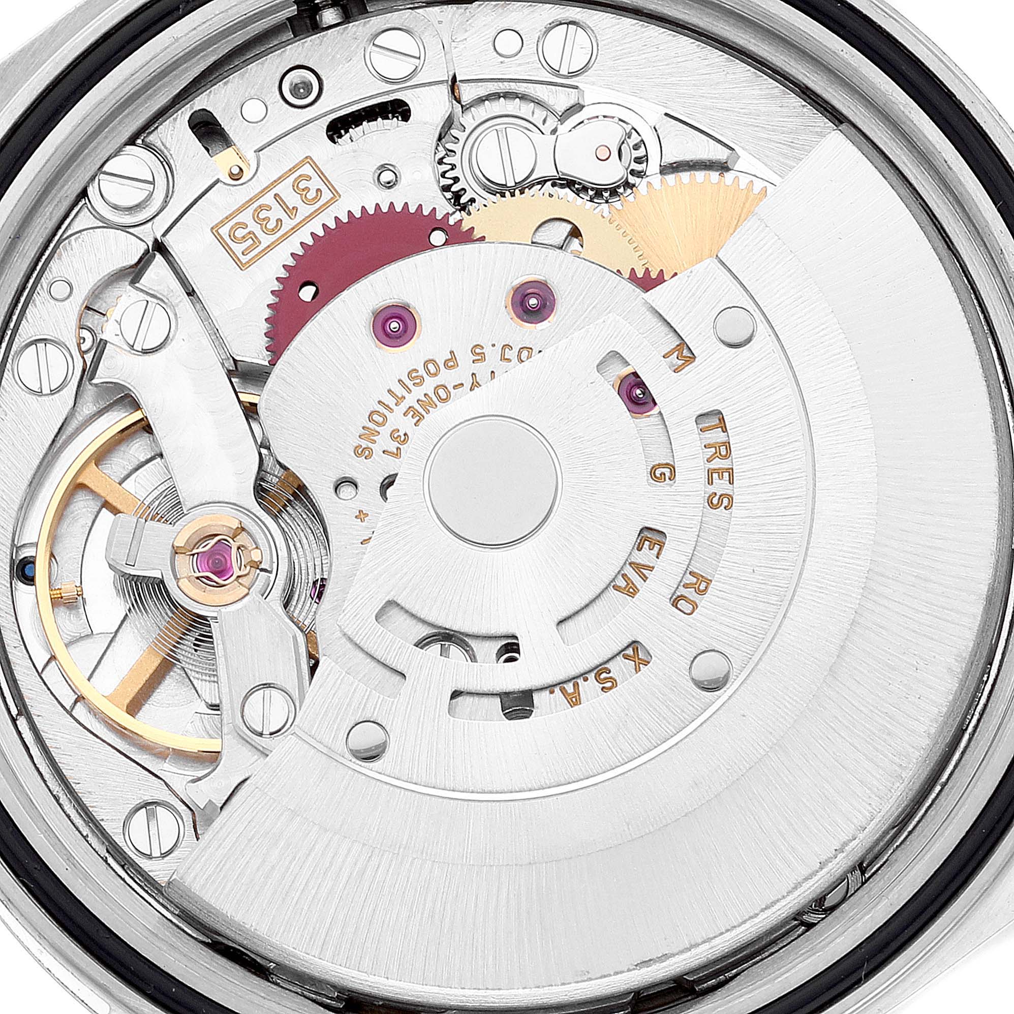 The image shows the detailed internal mechanics of a Rolex Datejust 16234 Men's Stainless Steel Blue Dial 16234 Men's Stainless Steel Blue Dial model watch from a close-up, top-down angle.