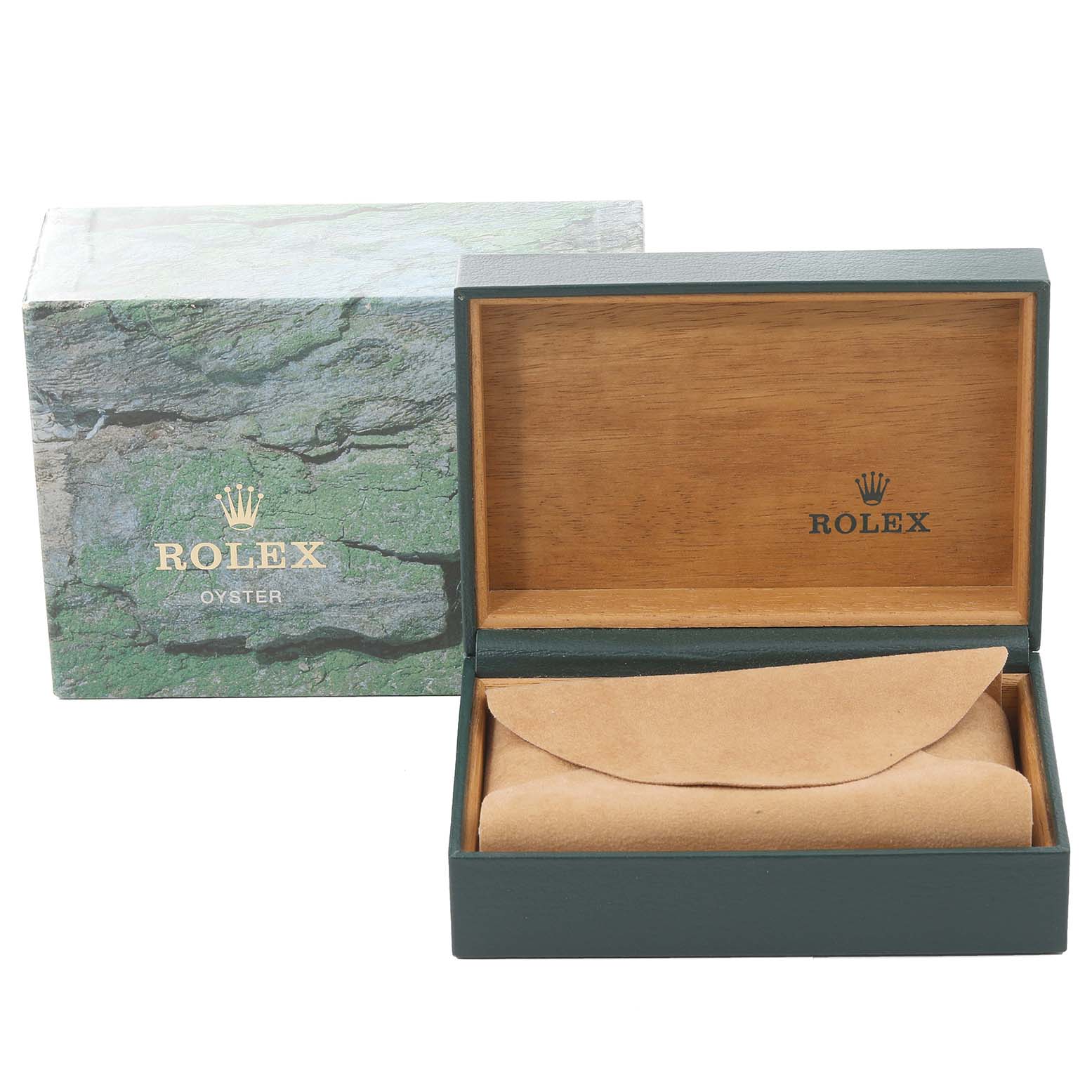 The image shows an opened green and wood-toned Rolex Datejust 16234 Men's Stainless Steel Blue Dial 16234 Men's Stainless Steel Blue Dial watch box with a beige cushion inside, and its outer packaging.