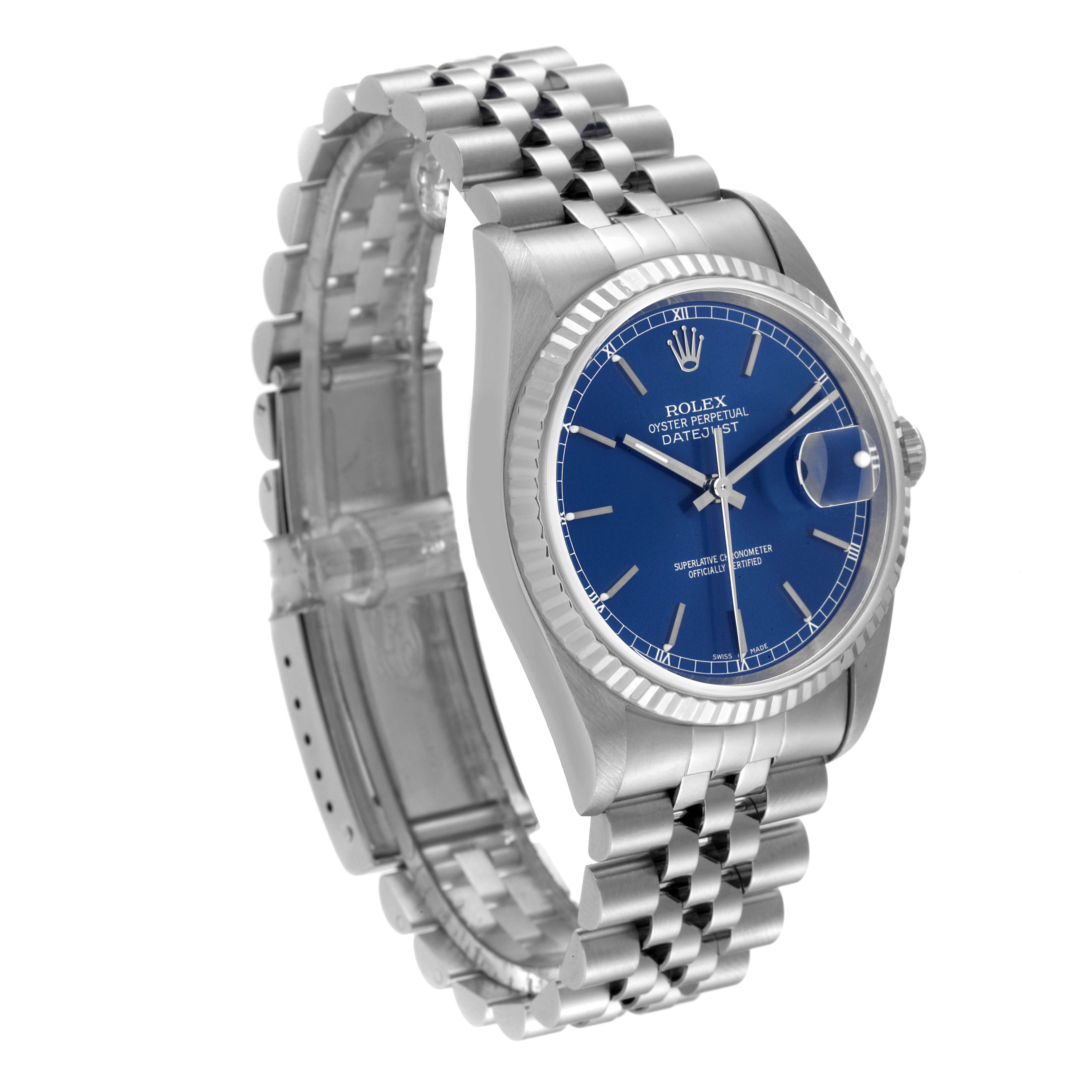 This image shows the Rolex Datejust 16234 Men's Stainless Steel Blue Dial 16234 Men's Stainless Steel Blue Dial watch at a three-quarter angle highlighting its blue dial, silver bezel, and jubilee bracelet.