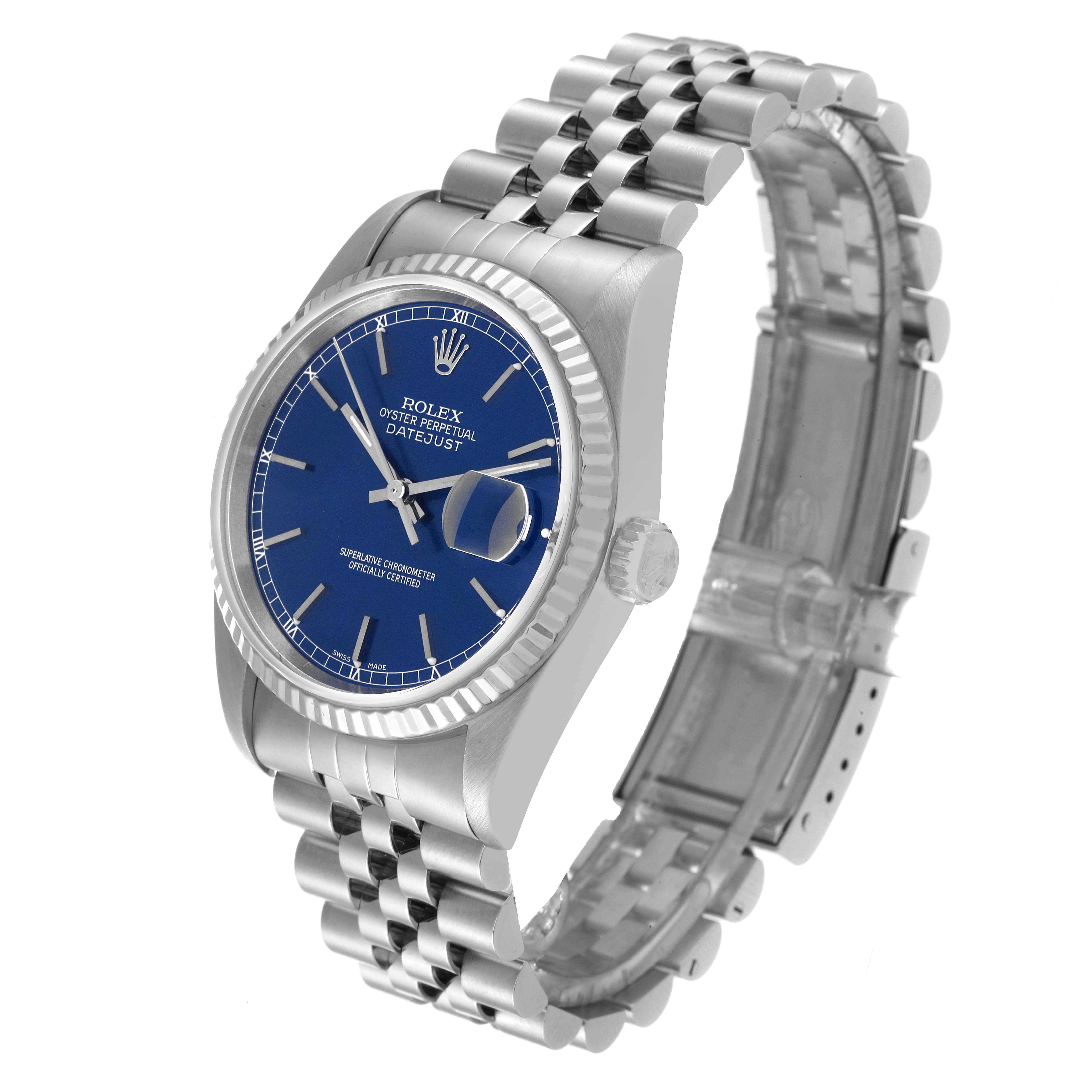 The Rolex Datejust 16234 Men's Stainless Steel Blue Dial 16234 Men's Stainless Steel Blue Dial watch is shown at an angled side view, highlighting the face, bezel, and Jubilee bracelet.