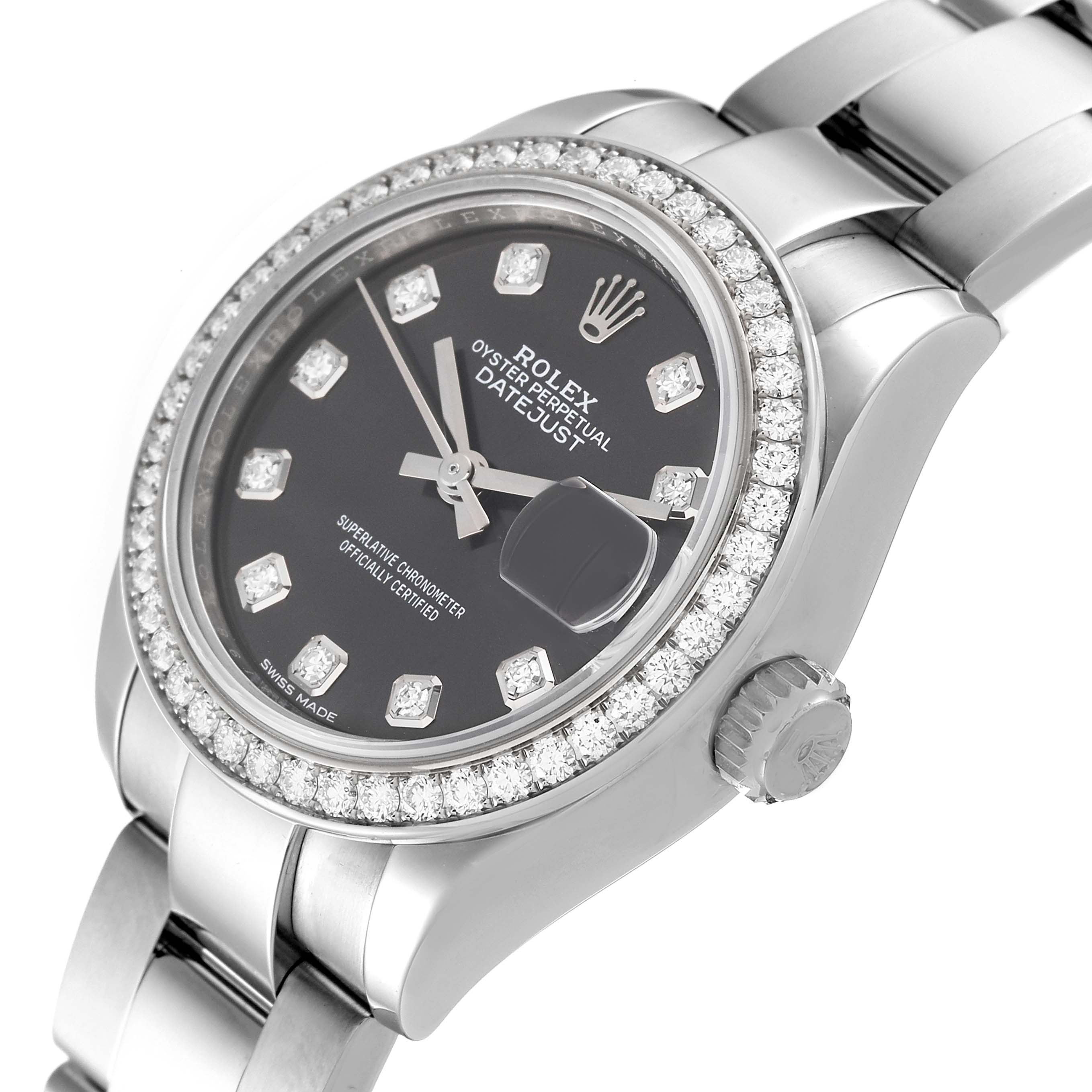 The image shows a close-up of a Rolex Datejust 279384 Women's Stainless Steel Grey Dial 279384 Women's Stainless Steel Grey Dial watch, emphasizing the black dial, diamond-studded bezel, and bracelet.