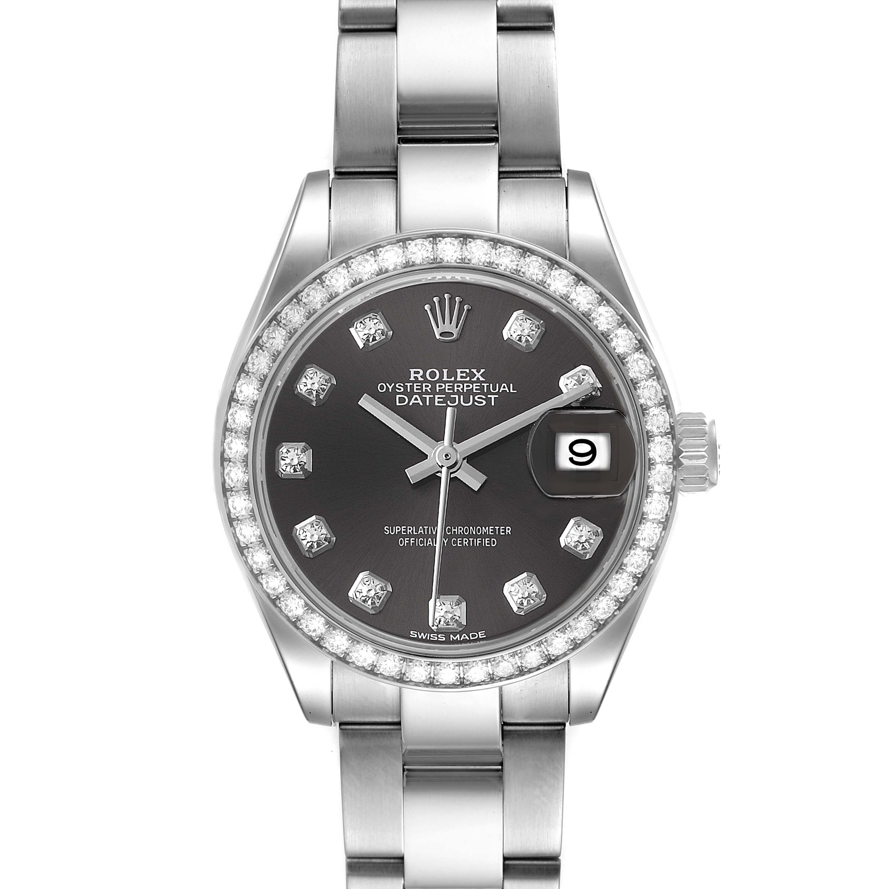 The Rolex Datejust 279384 Women's Stainless Steel Grey Dial 279384 Women's Stainless Steel Grey Dial watch is shown from a top-down angle, highlighting the face, dial, bezel, and part of the bracelet.