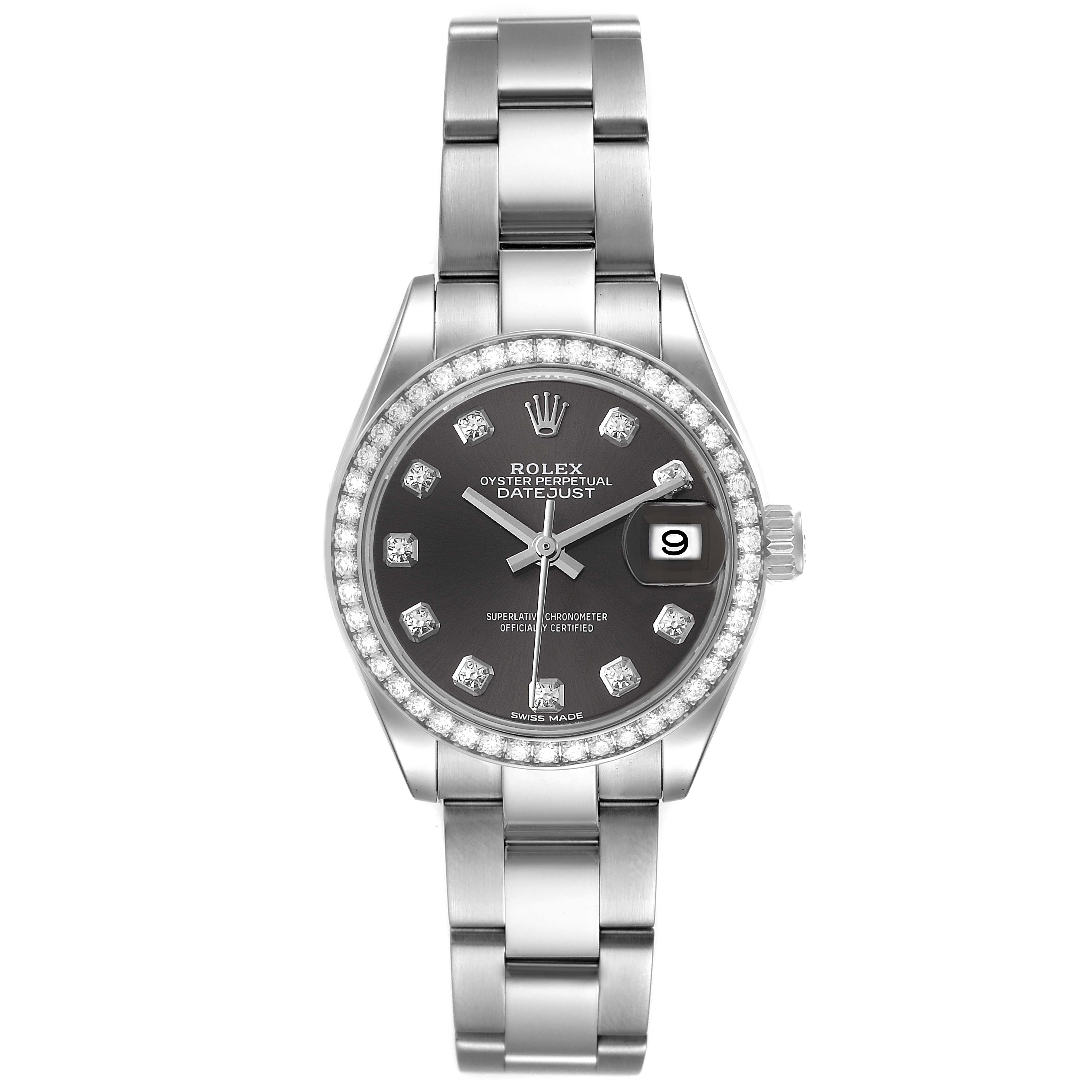 The image shows a front view of a Rolex Datejust 279384 Women's Stainless Steel Grey Dial 279384 Women's Stainless Steel Grey Dial watch, highlighting the bezel, dial, and bracelet.