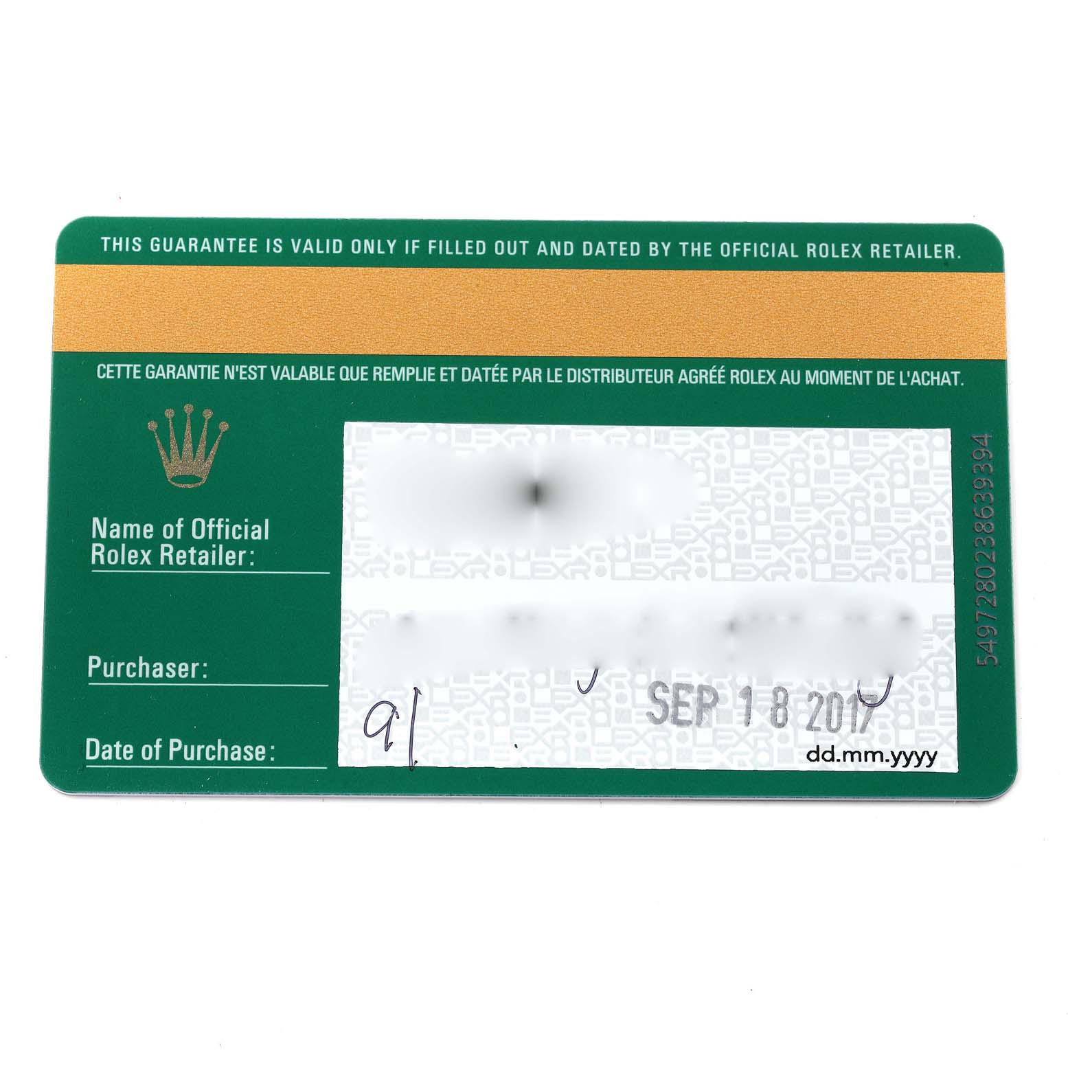 This image shows a green and gold guarantee card for a Rolex Datejust 279384 Women's Stainless Steel Grey Dial 279384 Women's Stainless Steel Grey Dial watch, including the purchase date and retailer information.
