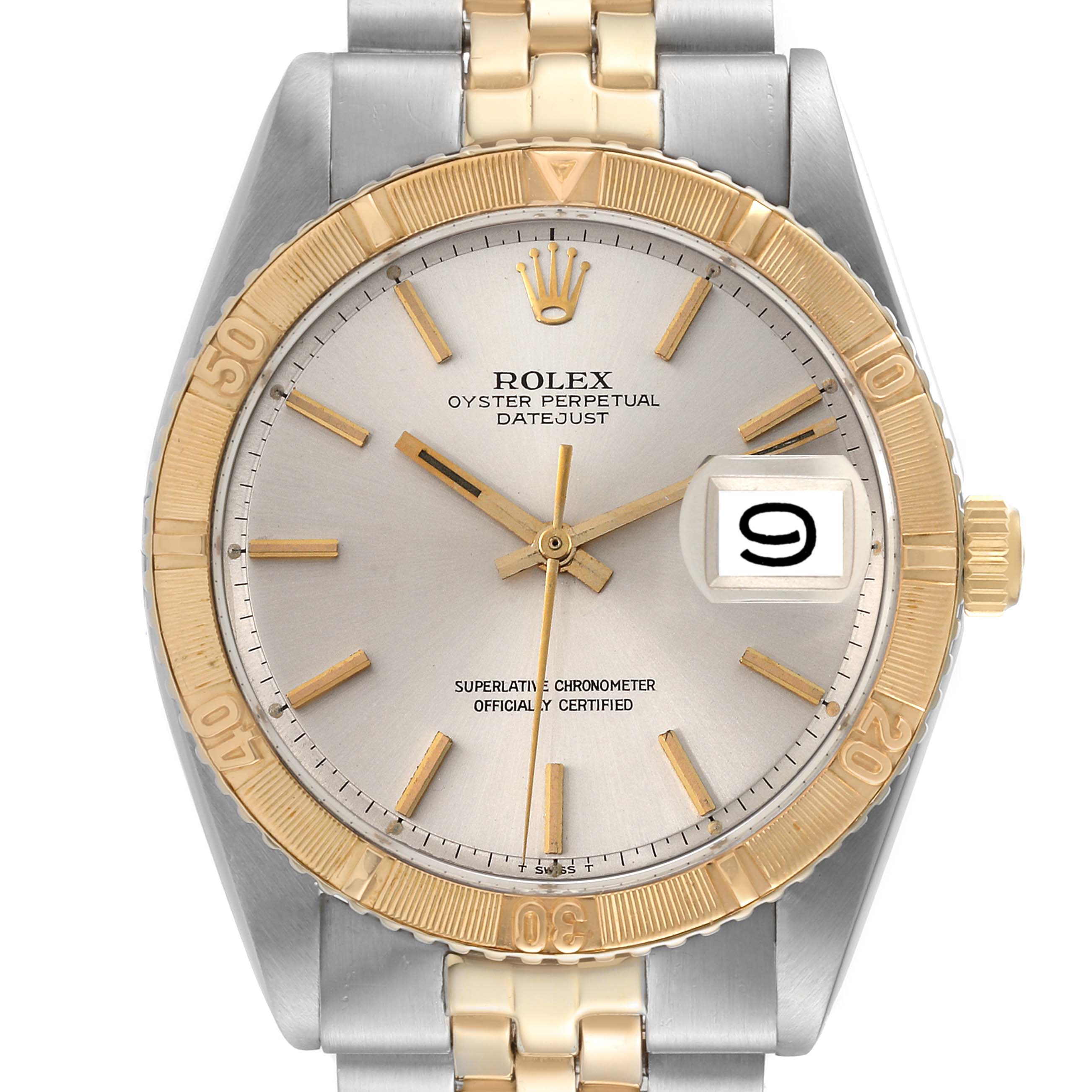 The image shows a frontal view of the Rolex Turn-o-Graph 1625 Men's Steel and Gold (two tone) Silver Dial 1625 Men's Steel and Gold (two tone) Silver Dial watch, highlighting the bezel, dial, hands, and bracelet.