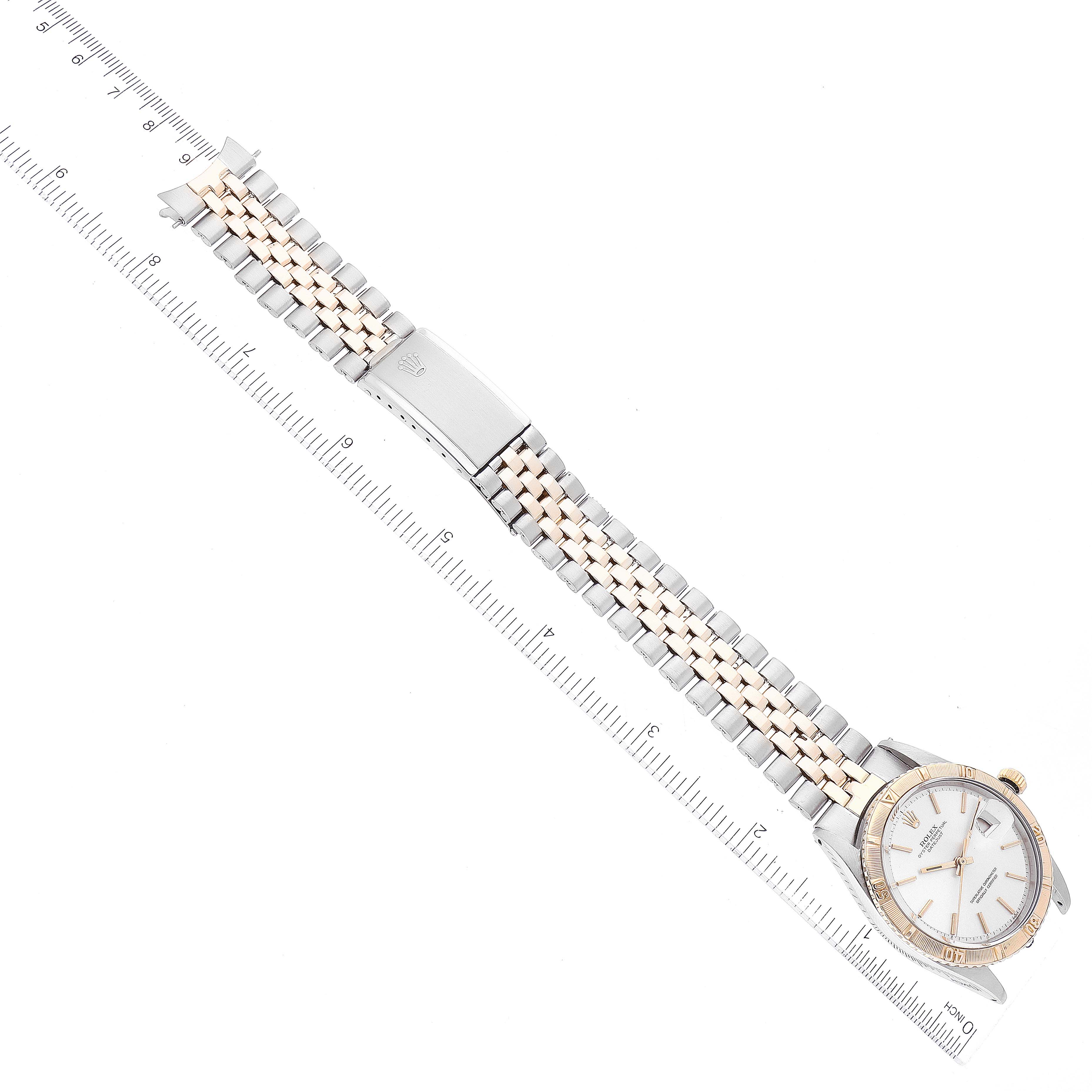 The image shows a top view of a Rolex Turn-o-Graph 1625 Men's Steel and Gold (two tone) Silver Dial 1625 Men's Steel and Gold (two tone) Silver Dial watch, displaying the dial, bezel, and full bracelet.