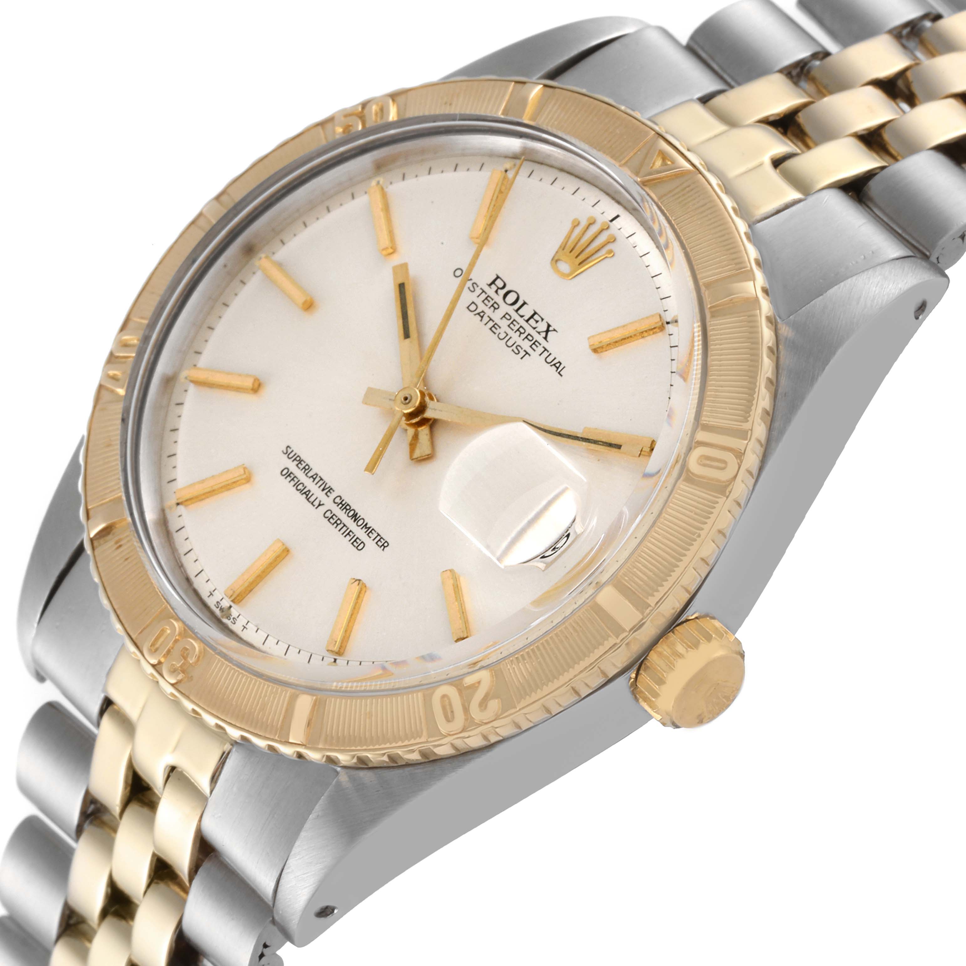 This image shows a side angle of a Rolex Turn-o-Graph 1625 Men's Steel and Gold (two tone) Silver Dial 1625 Men's Steel and Gold (two tone) Silver Dial watch, highlighting the dial, bezel, crown, and part of the bracelet.