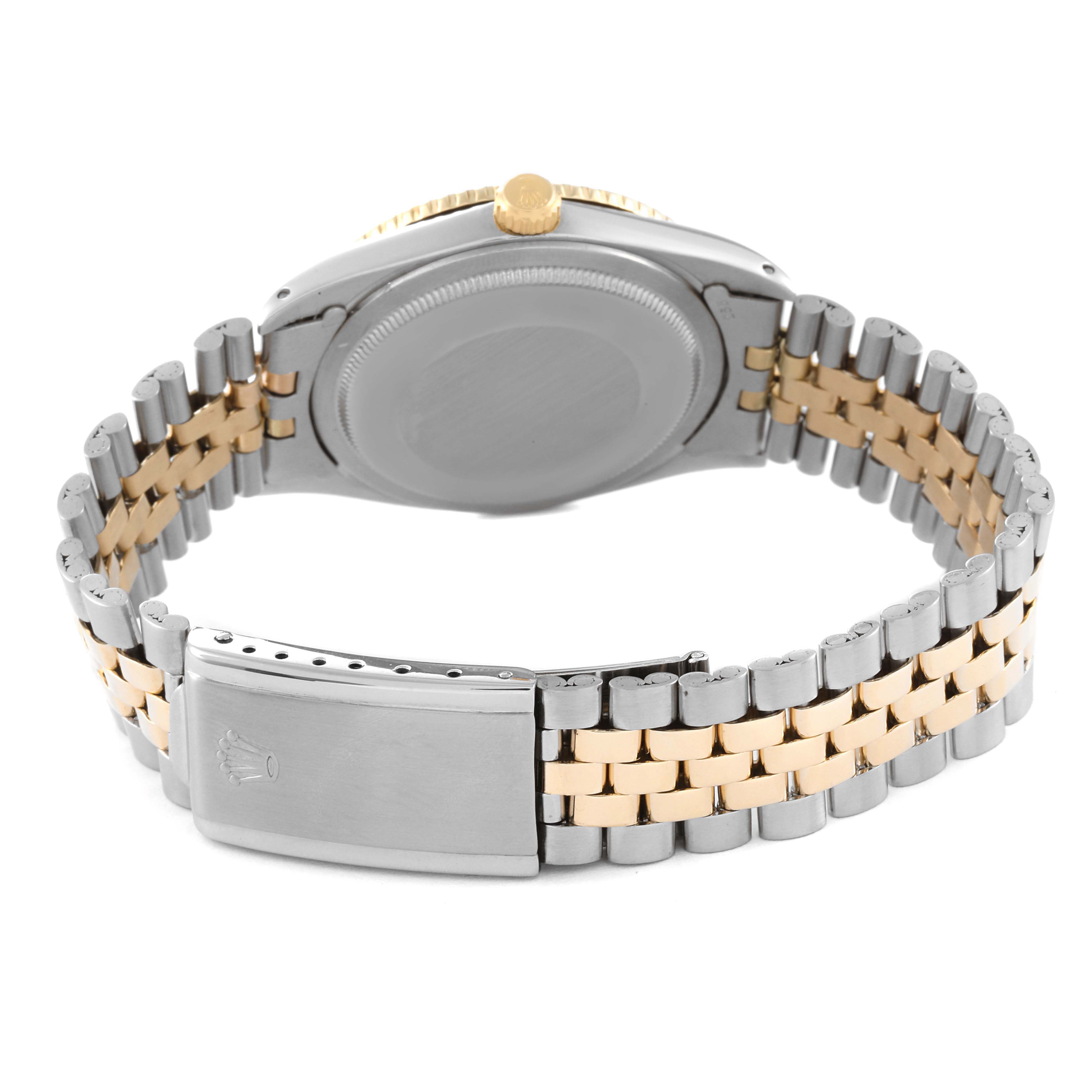 This image shows the back case and bracelet clasp of a Rolex Turn-o-Graph 1625 Men's Steel and Gold (two tone) Silver Dial 1625 Men's Steel and Gold (two tone) Silver Dial watch.