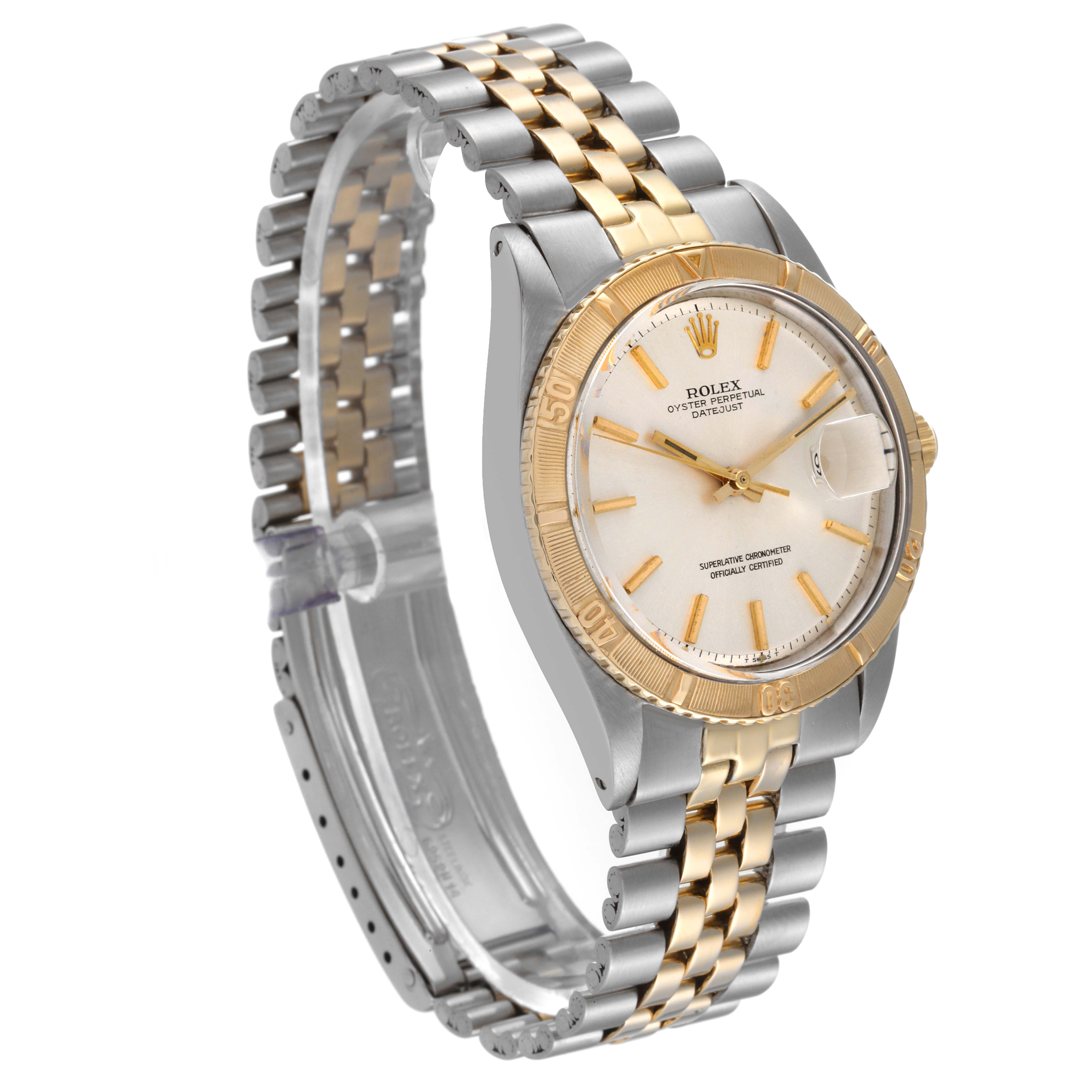 The image shows a Rolex Turn-o-Graph 1625 Men's Steel and Gold (two tone) Silver Dial 1625 Men's Steel and Gold (two tone) Silver Dial watch at an angled side view, highlighting the face, bracelet, and clasp.