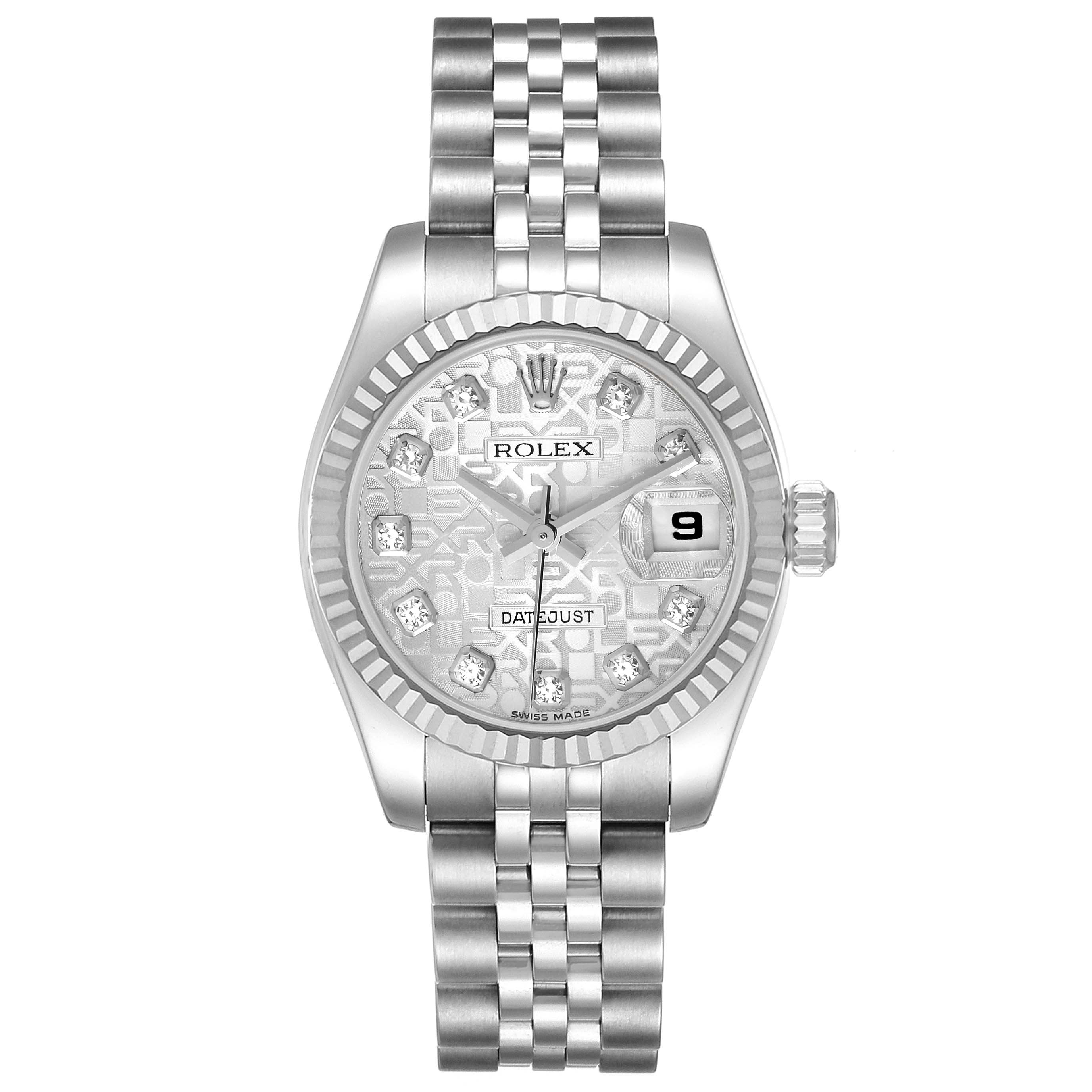 This image shows a front view of a Rolex Datejust 179174 Women
s Stainless Steel Silver Dial 179174 Women
s Stainless Steel Silver Dial watch, highlighting the dial, bezel, case, and bracelet.