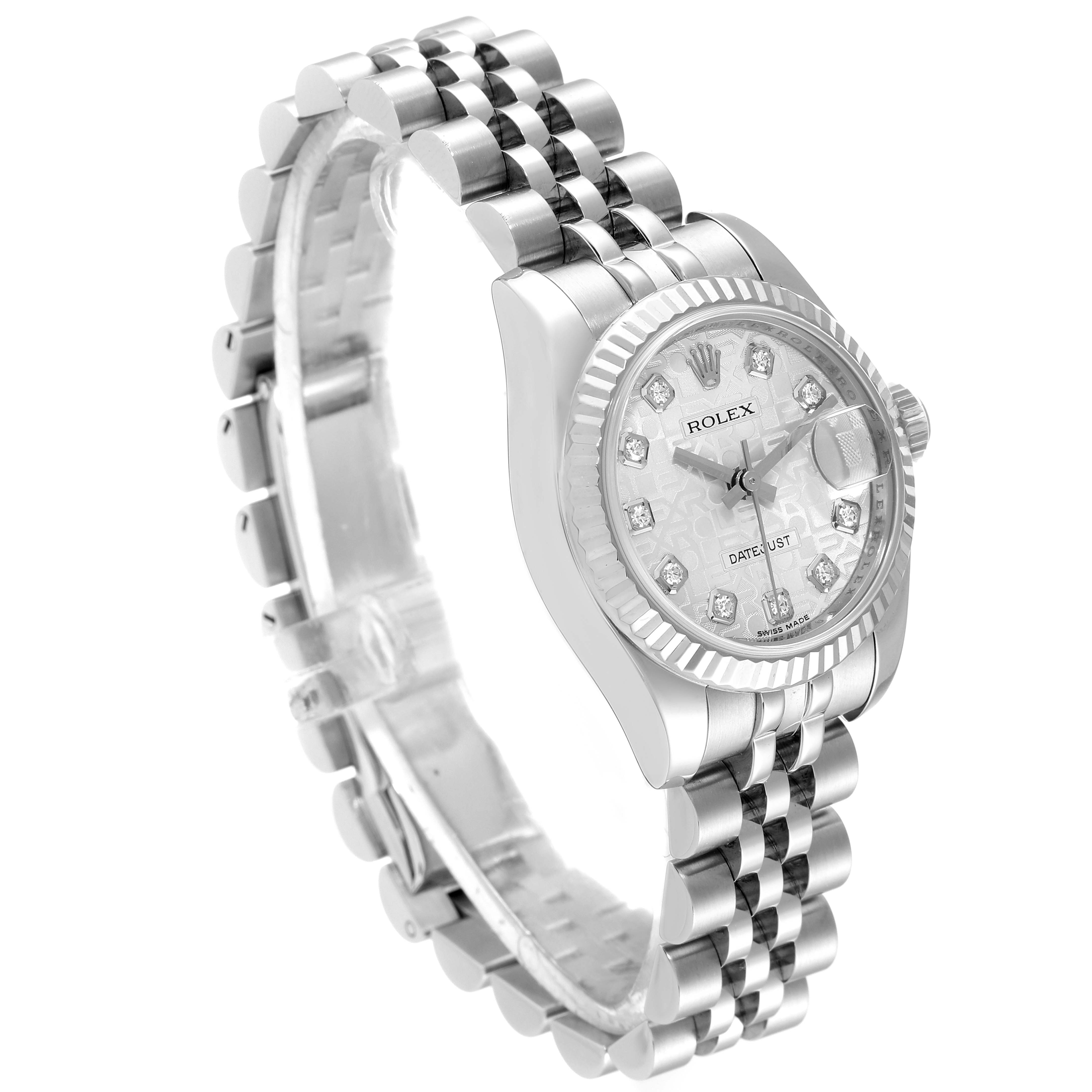 This Rolex Datejust 179174 Women
s Stainless Steel Silver Dial 179174 Women
s Stainless Steel Silver Dial watch is shown at an angled view, highlighting its face, bezel, and bracelet. 