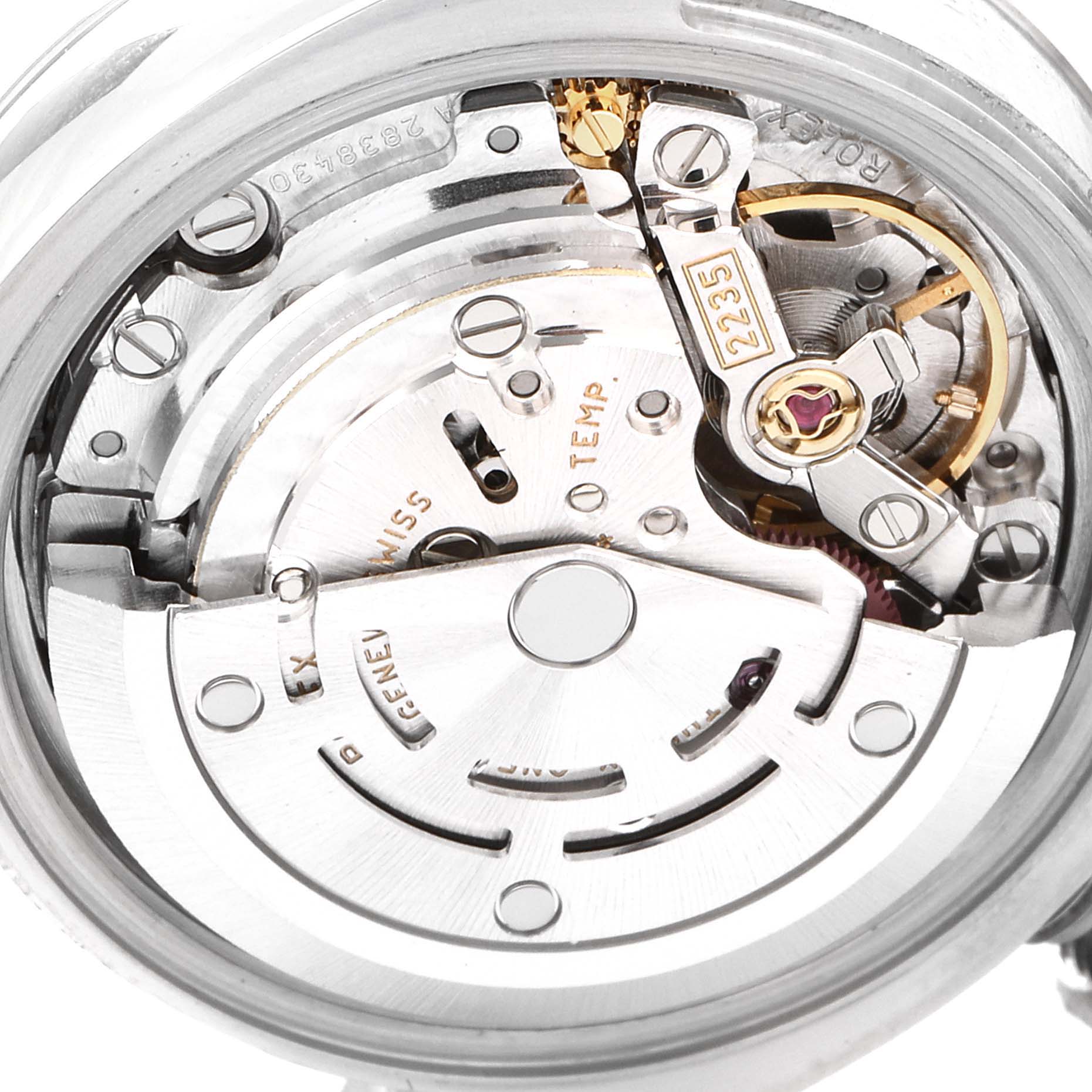 This image shows the internal mechanism of the Rolex Datejust 179174 Women
s Stainless Steel Silver Dial 179174 Women
s Stainless Steel Silver Dial watch from a top-down angle.