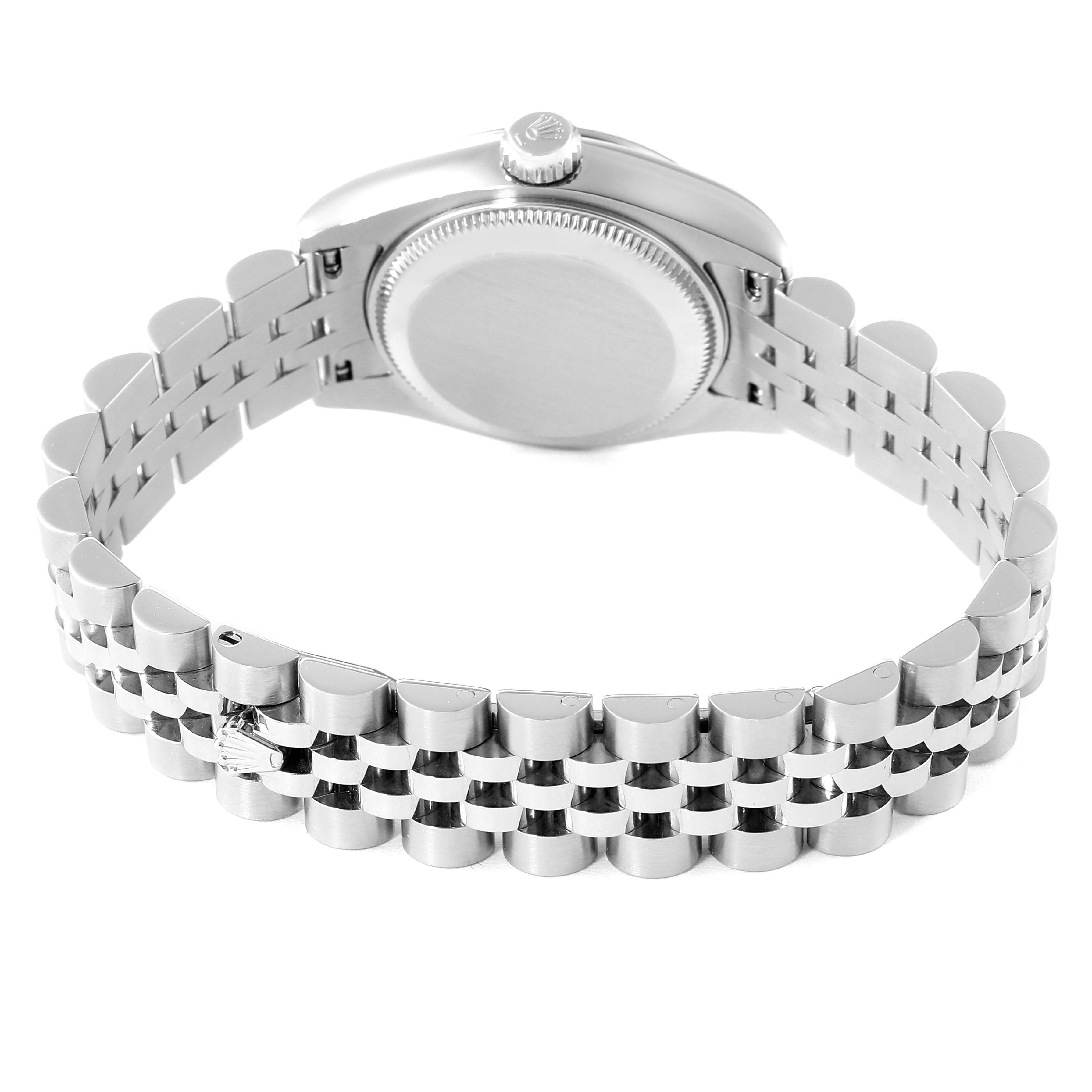 The image shows the back view of the Rolex Datejust 179174 Women
s Stainless Steel Silver Dial 179174 Women
s Stainless Steel Silver Dial watch, highlighting the case back and metal bracelet.