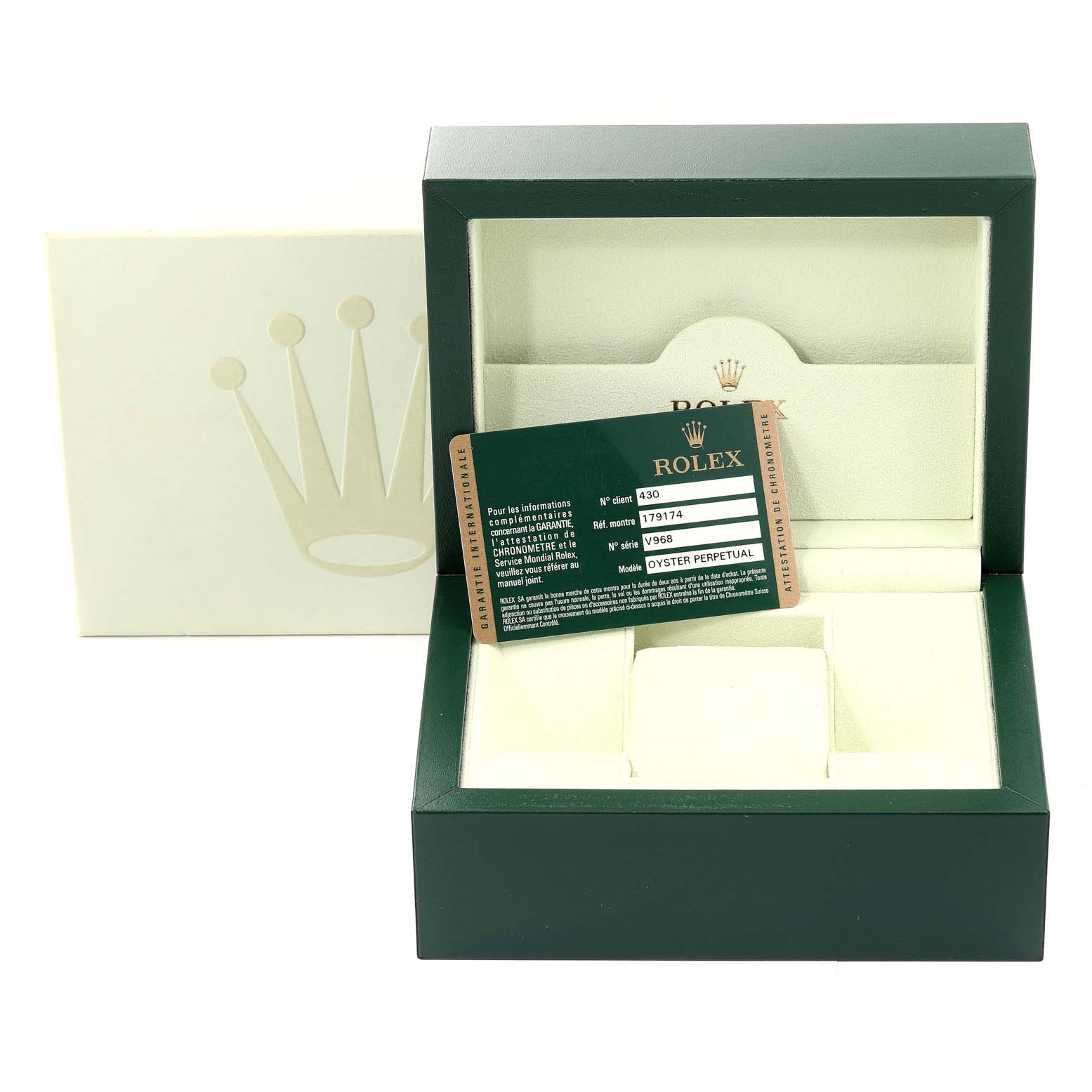 The image shows the packaging, warranty card, and inner box for a Rolex Datejust 179174 Women
s Stainless Steel Silver Dial 179174 Women
s Stainless Steel Silver Dial watch model.