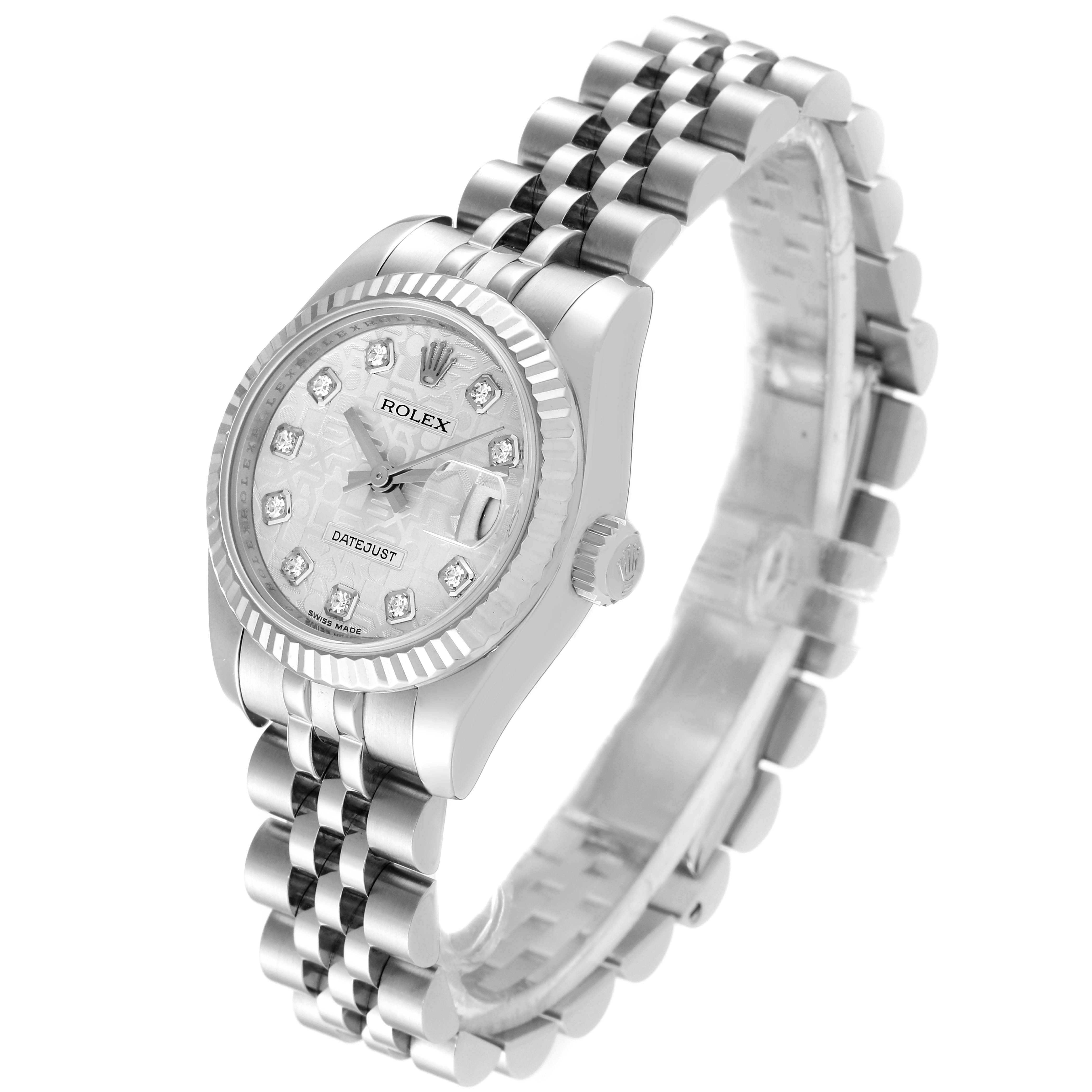 The image shows a Rolex Datejust 179174 Women
s Stainless Steel Silver Dial 179174 Women
s Stainless Steel Silver Dial watch at a three-quarter angle, displaying the face, bezel, and Jubilee bracelet.
