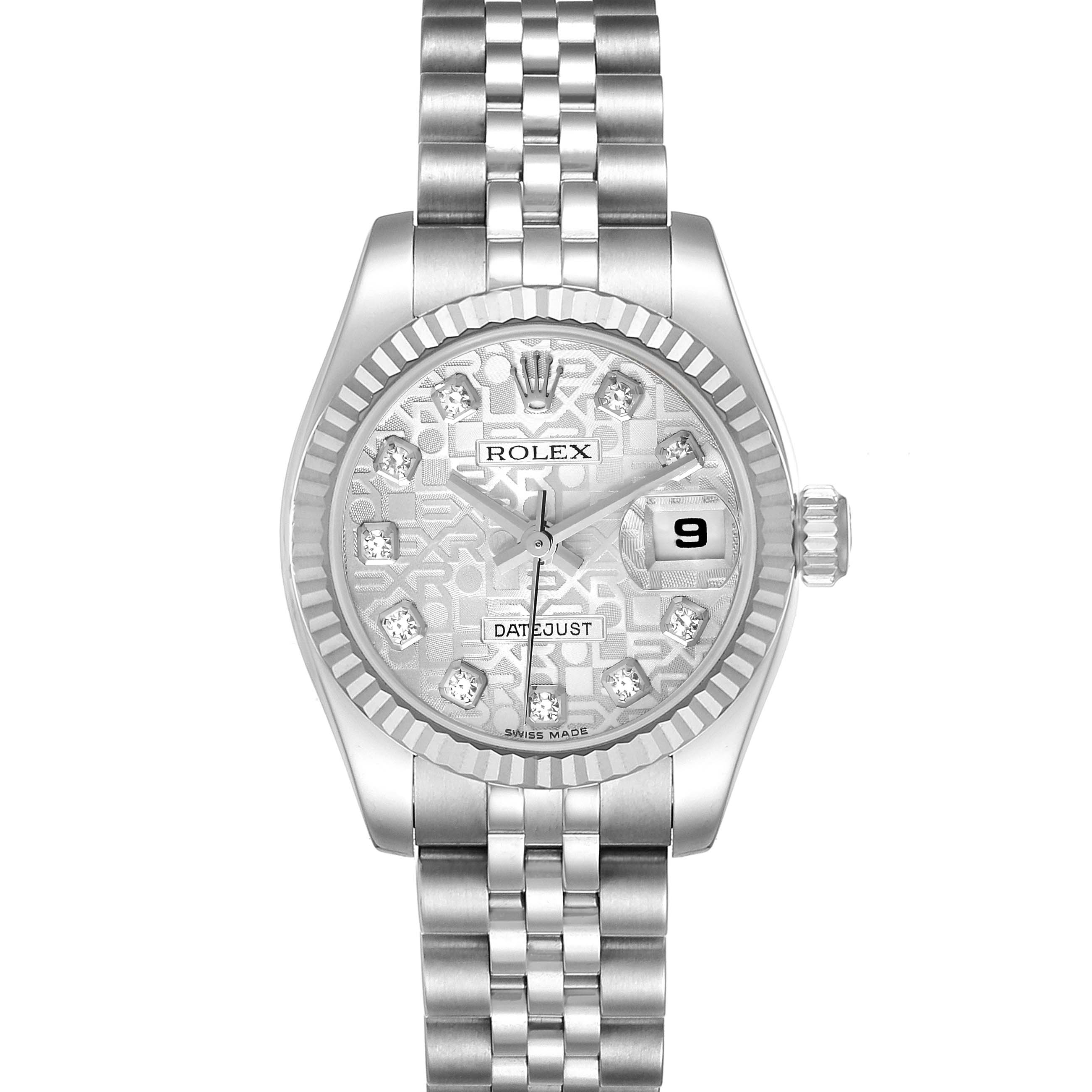 This image shows a frontal view of the Rolex Datejust 179174 Women
s Stainless Steel Silver Dial 179174 Women
s Stainless Steel Silver Dial watch, highlighting the dial, bezel, crown, and Jubilee bracelet.