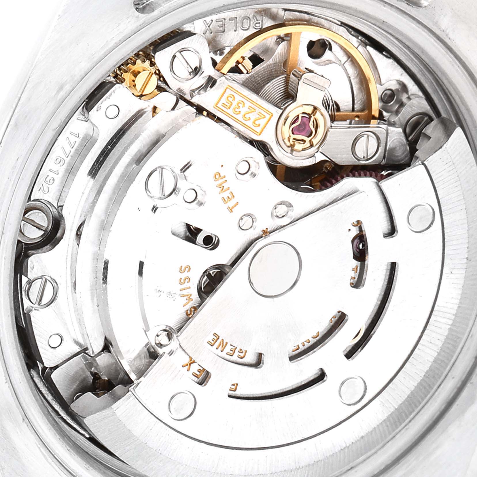 This image shows the internal movement and mechanism of a Rolex Datejust 179174 Women
s Stainless Steel Silver Dial 179174 Women
s Stainless Steel Silver Dial watch from a close-up angle.