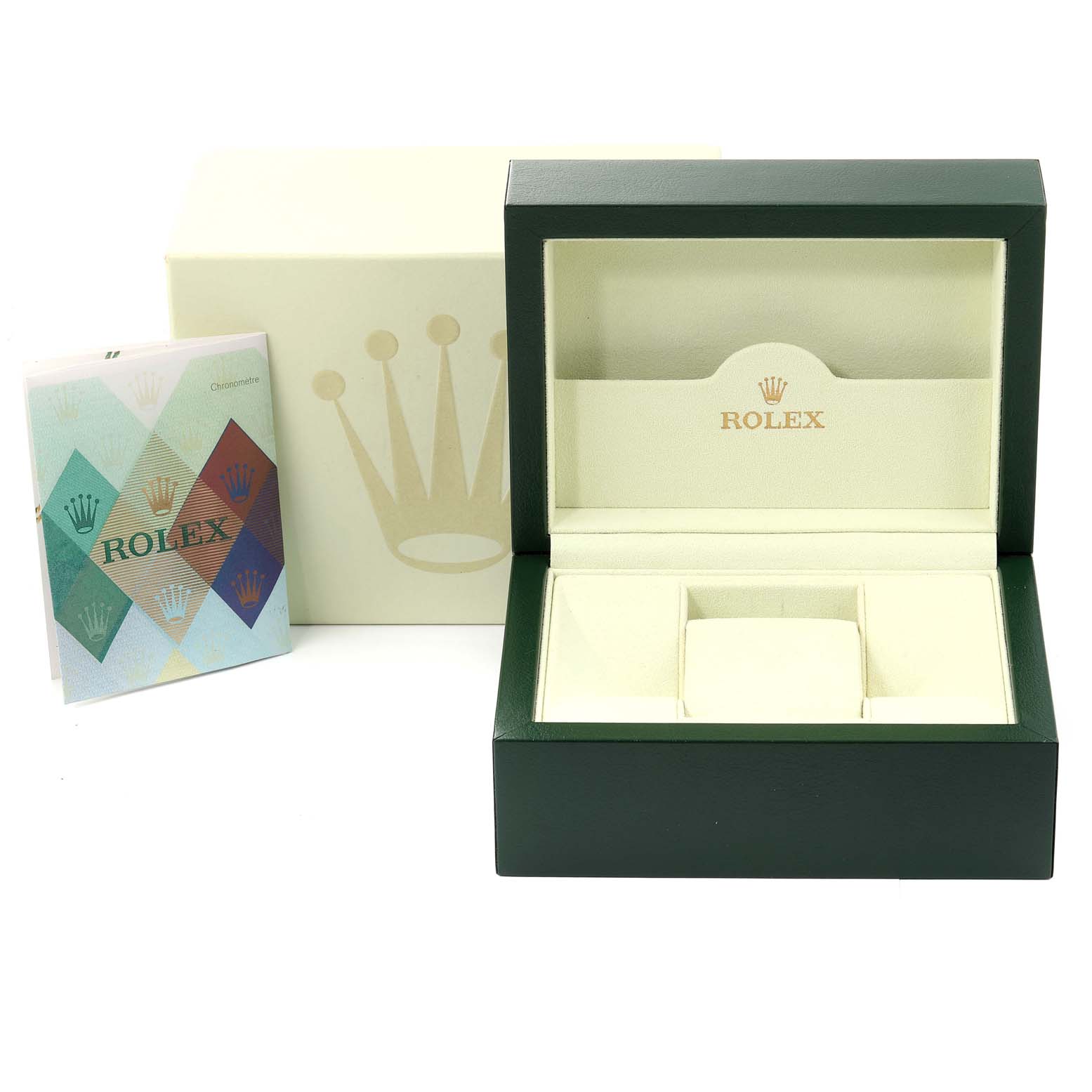 The image shows an open Rolex Datejust 179174 Women
s Stainless Steel Silver Dial 179174 Women
s Stainless Steel Silver Dial watch box with a manual and outer packaging.