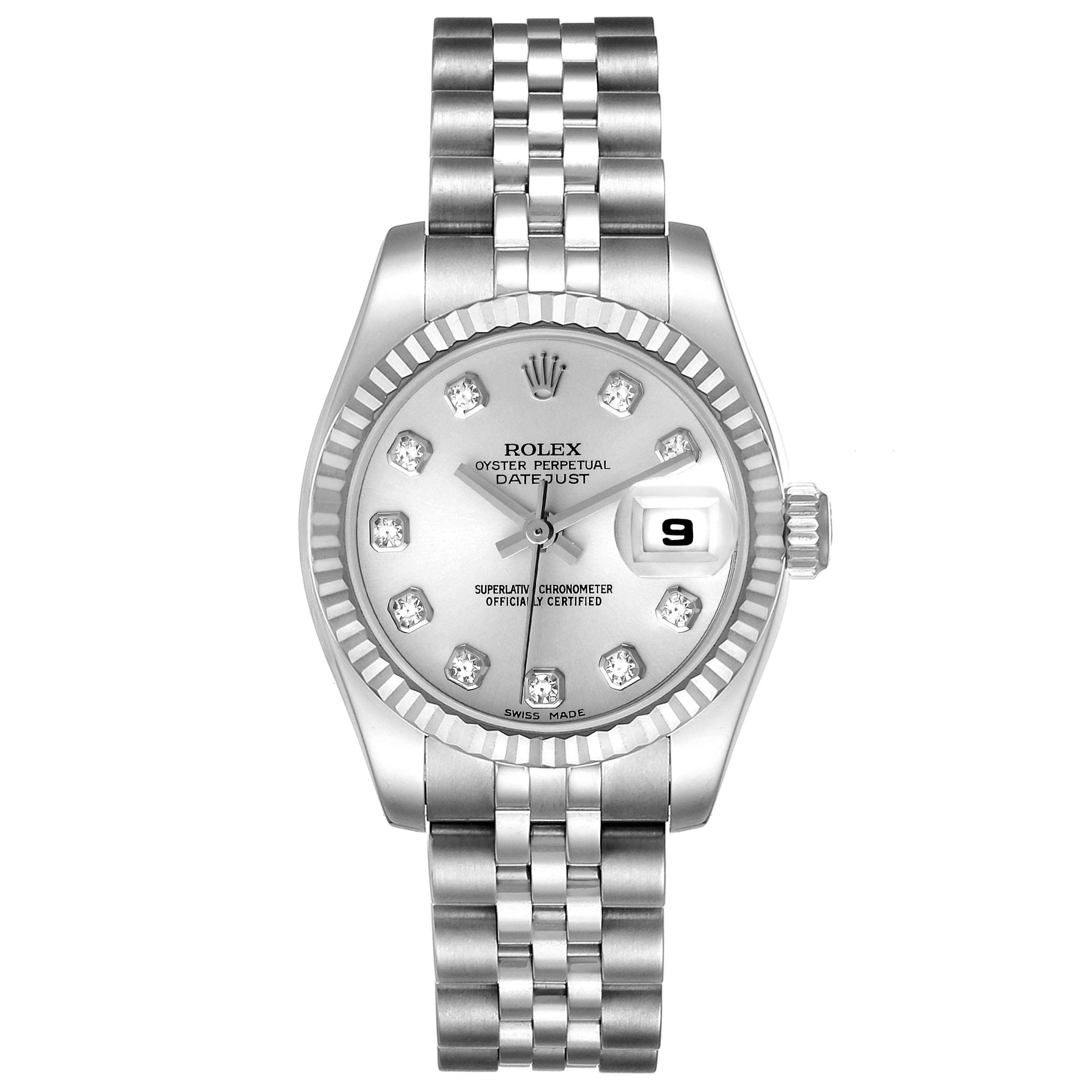 The image shows a Rolex Datejust 179174 Women
s Stainless Steel Silver Dial 179174 Women
s Stainless Steel Silver Dial watch, featuring a silver dial with diamond hour markers, a date window, and a Jubilee bracelet.