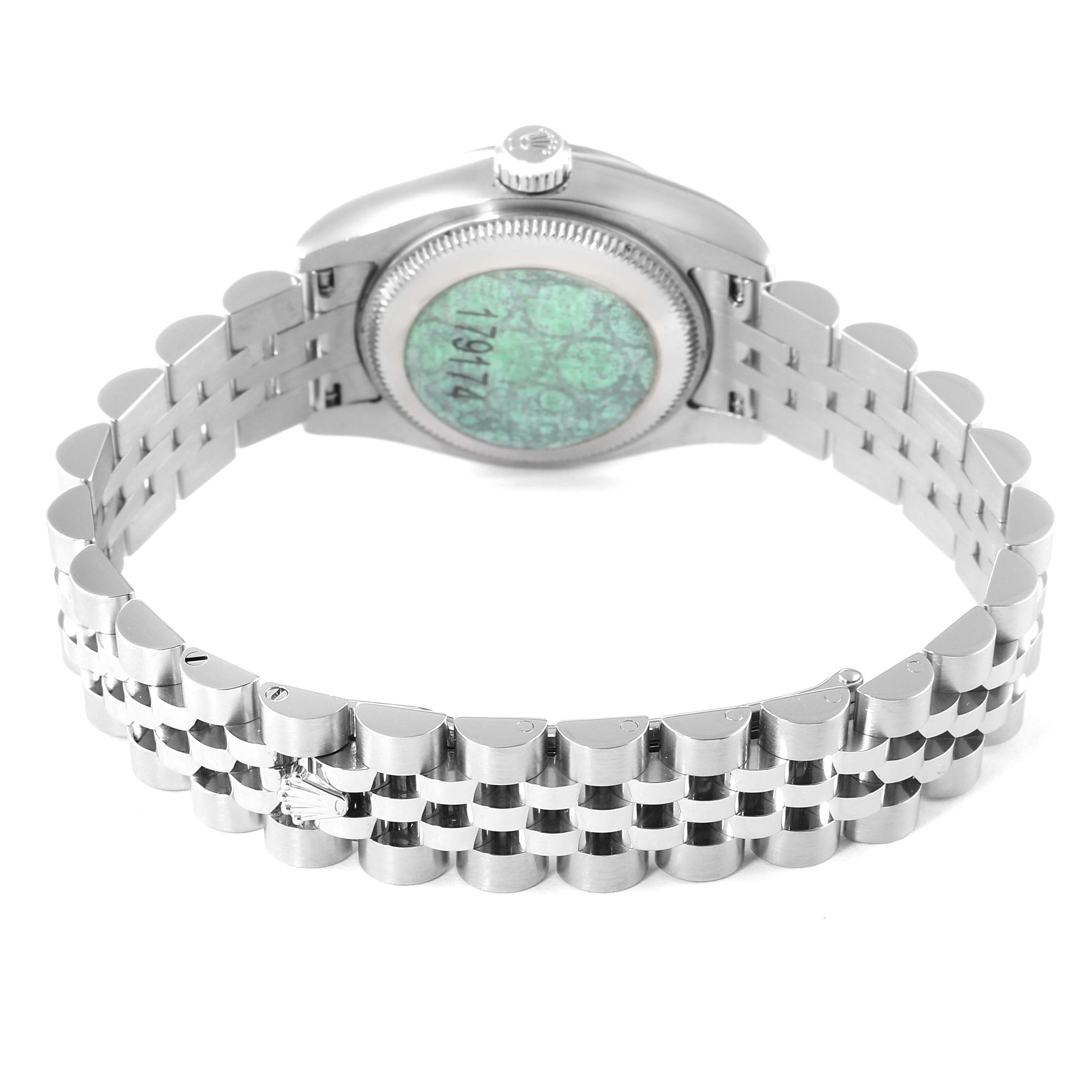 The image shows the back case and bracelet of a Rolex Datejust 179174 Women
s Stainless Steel Silver Dial 179174 Women
s Stainless Steel Silver Dial watch from a rear angle.