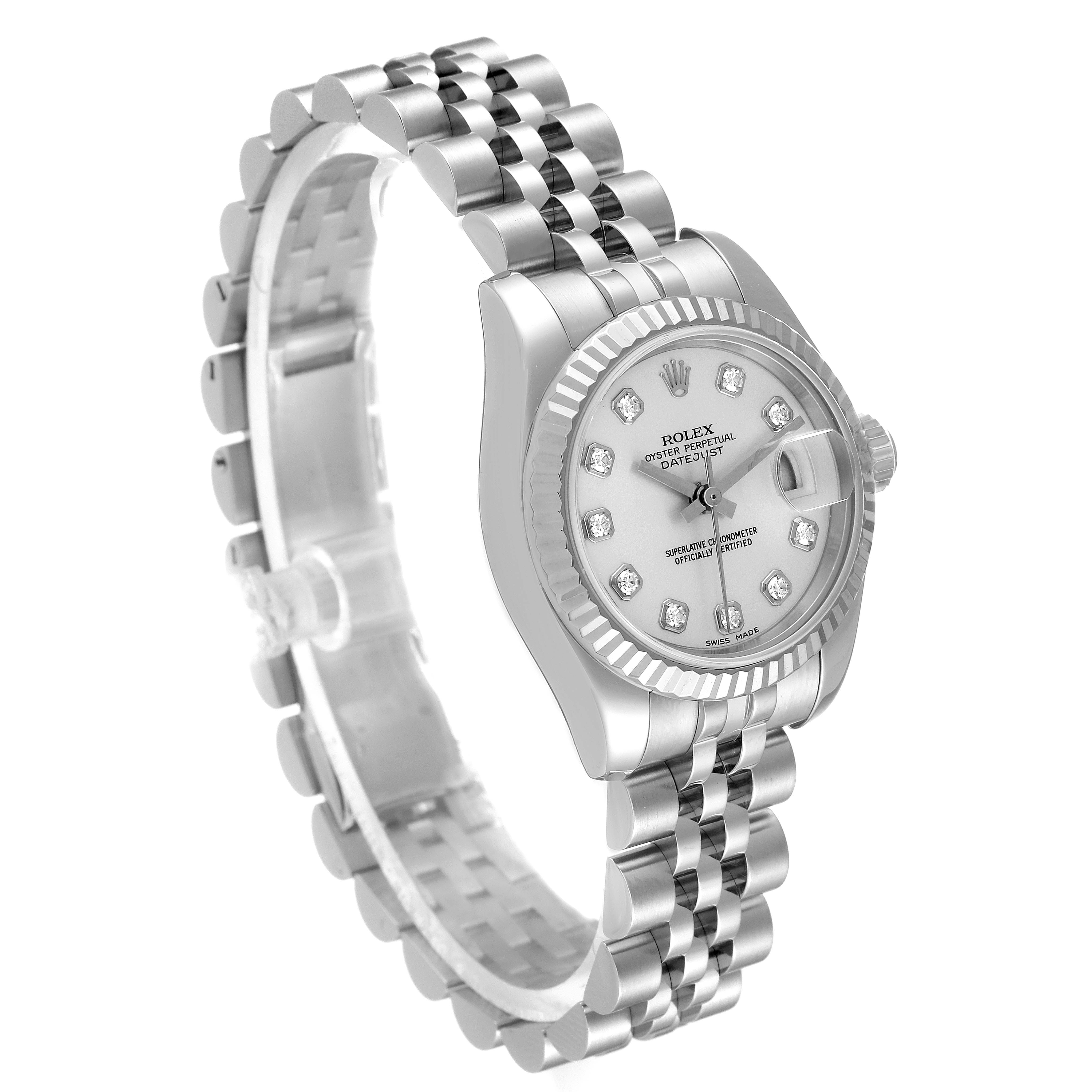 The image shows a Rolex Datejust 179174 Women
s Stainless Steel Silver Dial 179174 Women
s Stainless Steel Silver Dial watch angled to display the dial, bezel, and bracelet.