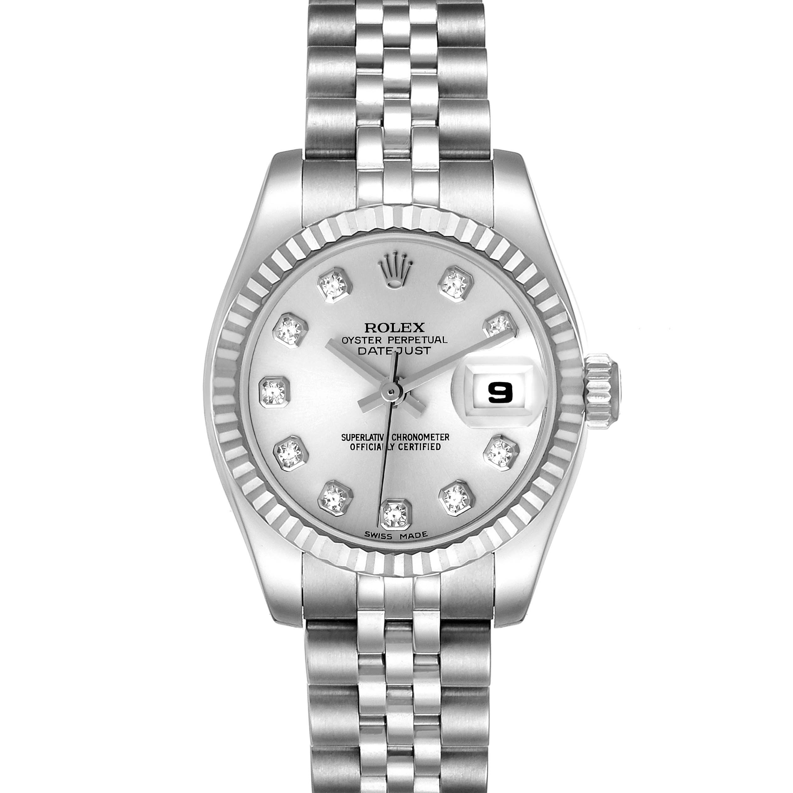 This image shows a front angle of a Rolex Datejust 179174 Women
s Stainless Steel Silver Dial 179174 Women
s Stainless Steel Silver Dial watch, featuring its dial, bezel, and bracelet.