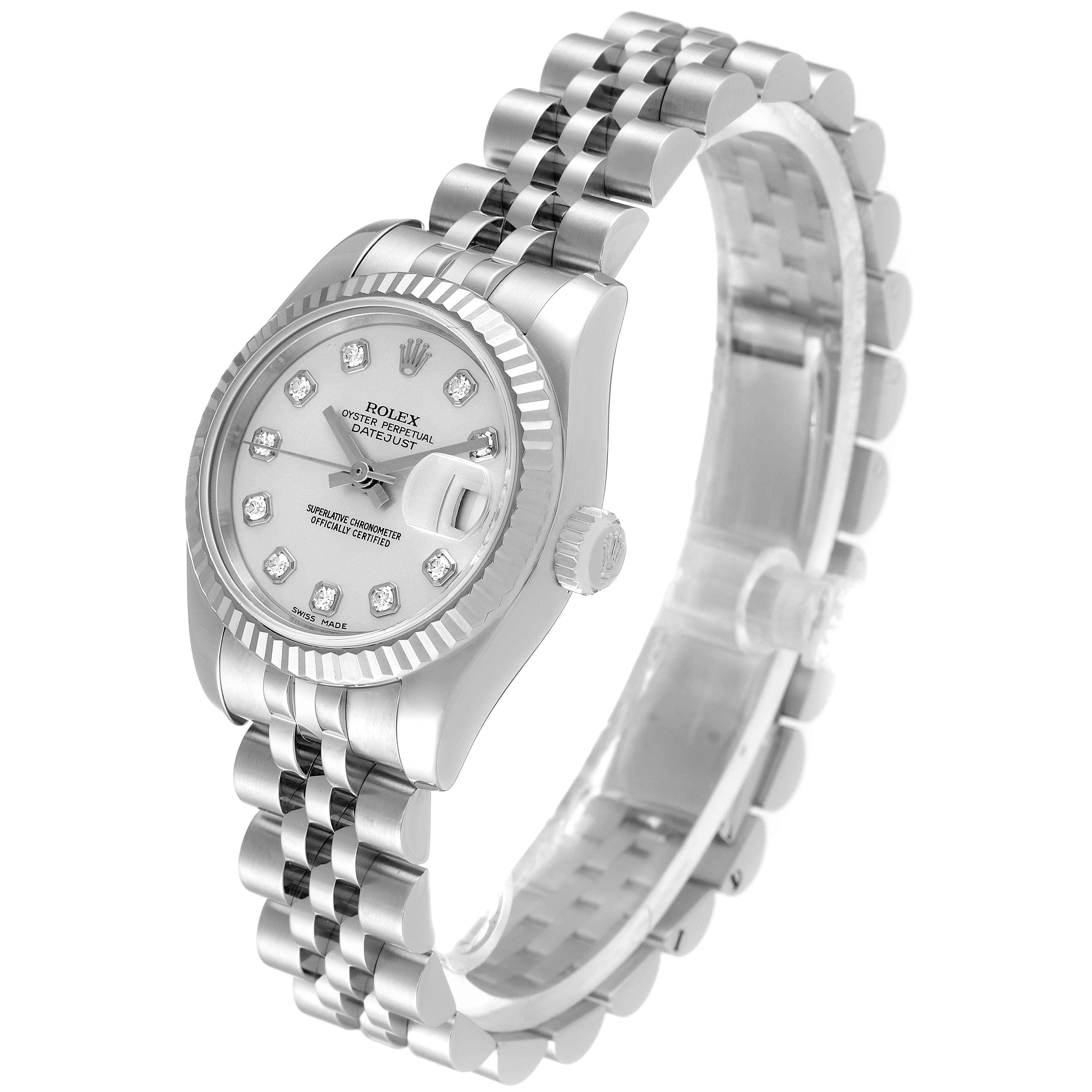 This image shows a Rolex Datejust 179174 Women
s Stainless Steel Silver Dial 179174 Women
s Stainless Steel Silver Dial watch at a slight left angle, highlighting the face, bezel, bracelet, and crown.