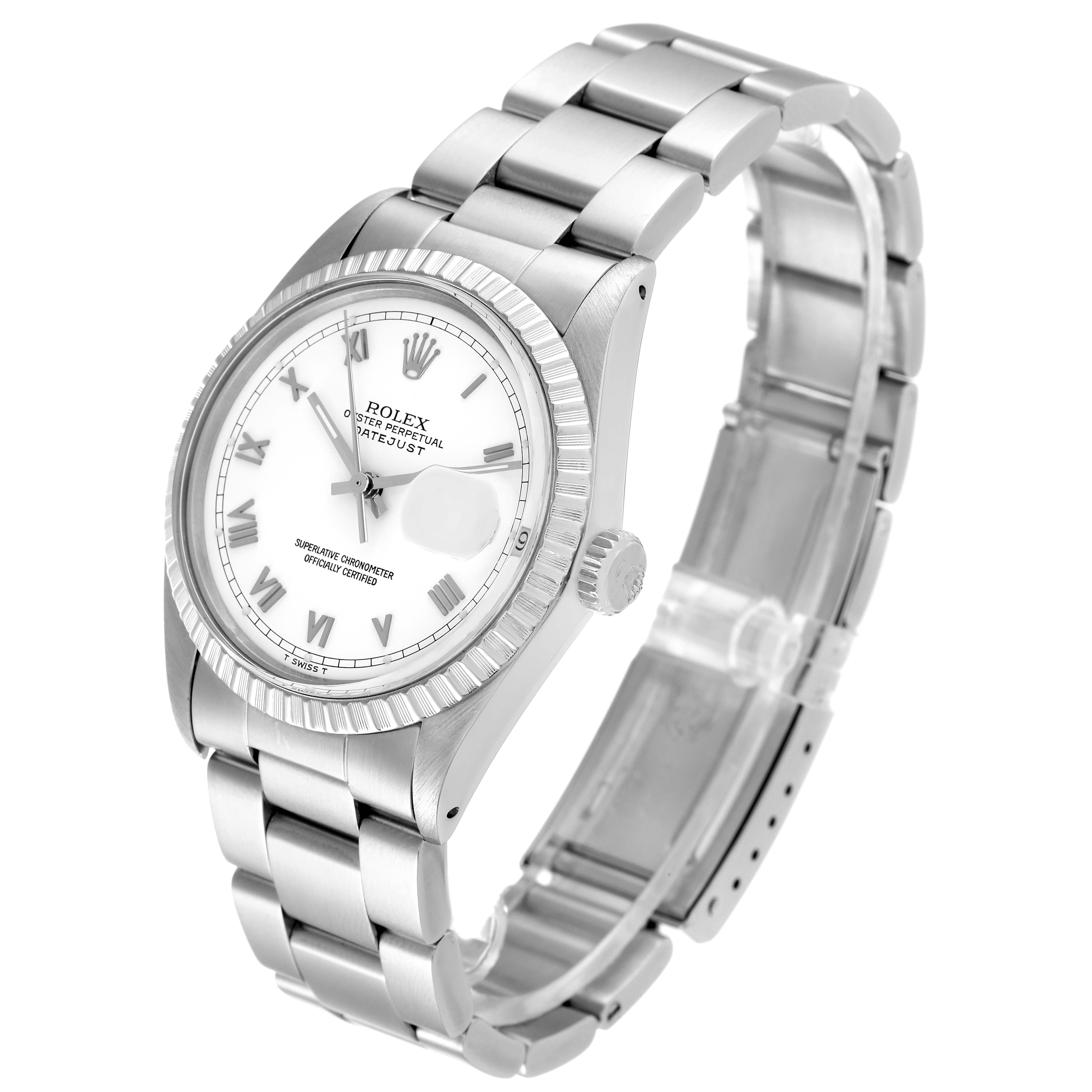 The image shows a Rolex Datejust 16030 Men's Stainless Steel White Dial 16030 Men's Stainless Steel White Dial watch from an oblique angle, highlighting the watch face, bezel, and metal bracelet.