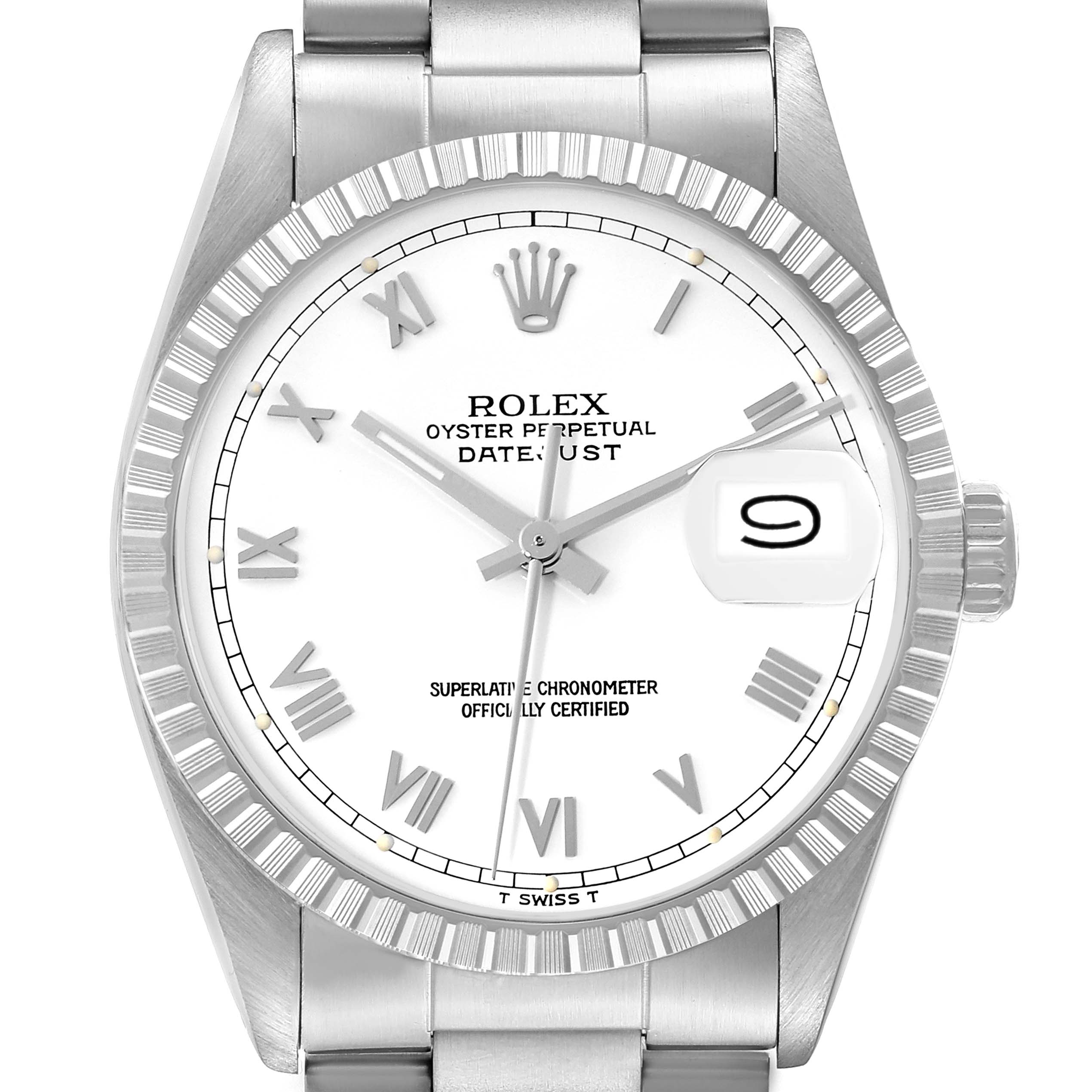This image shows a front view of the dial and bezel of a Rolex Datejust 16030 Men's Stainless Steel White Dial 16030 Men's Stainless Steel White Dial watch.