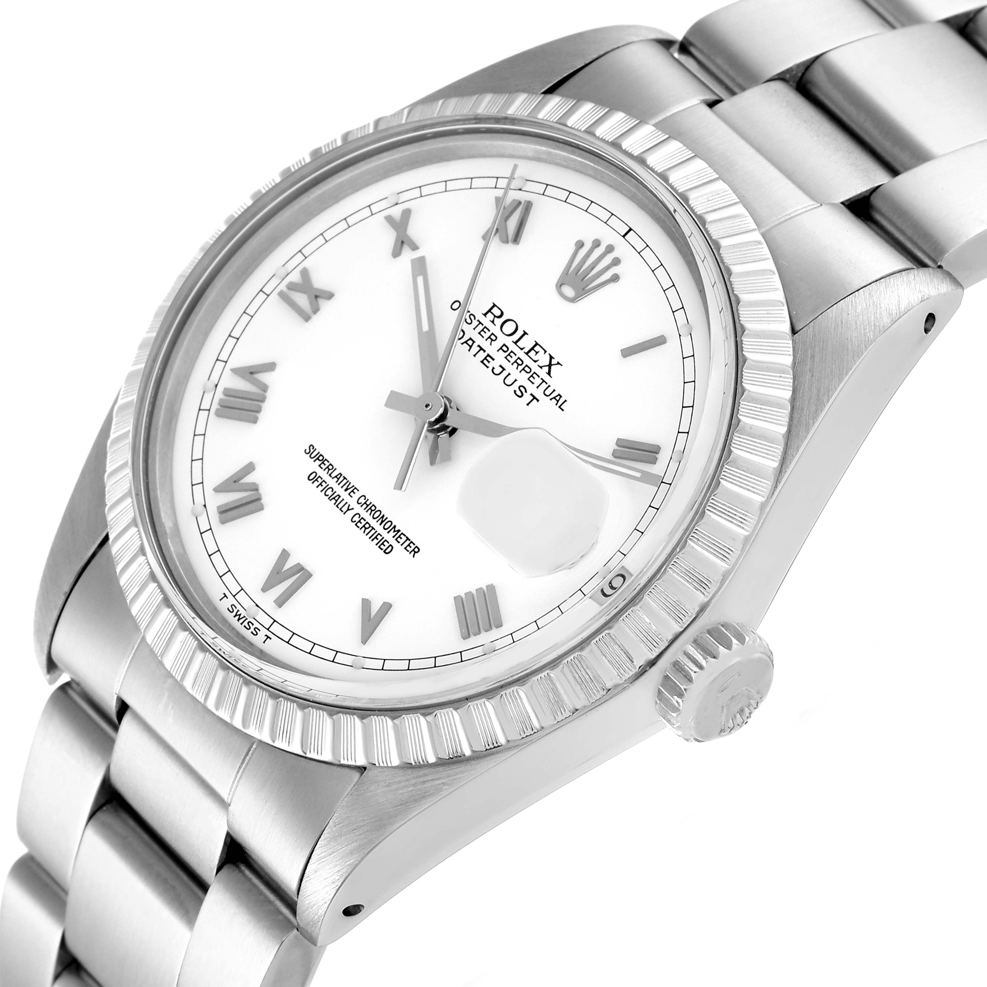The image shows a close-up angled view of a Rolex Datejust 16030 Men's Stainless Steel White Dial 16030 Men's Stainless Steel White Dial watch, highlighting the bezel, dial, crown, and bracelet.