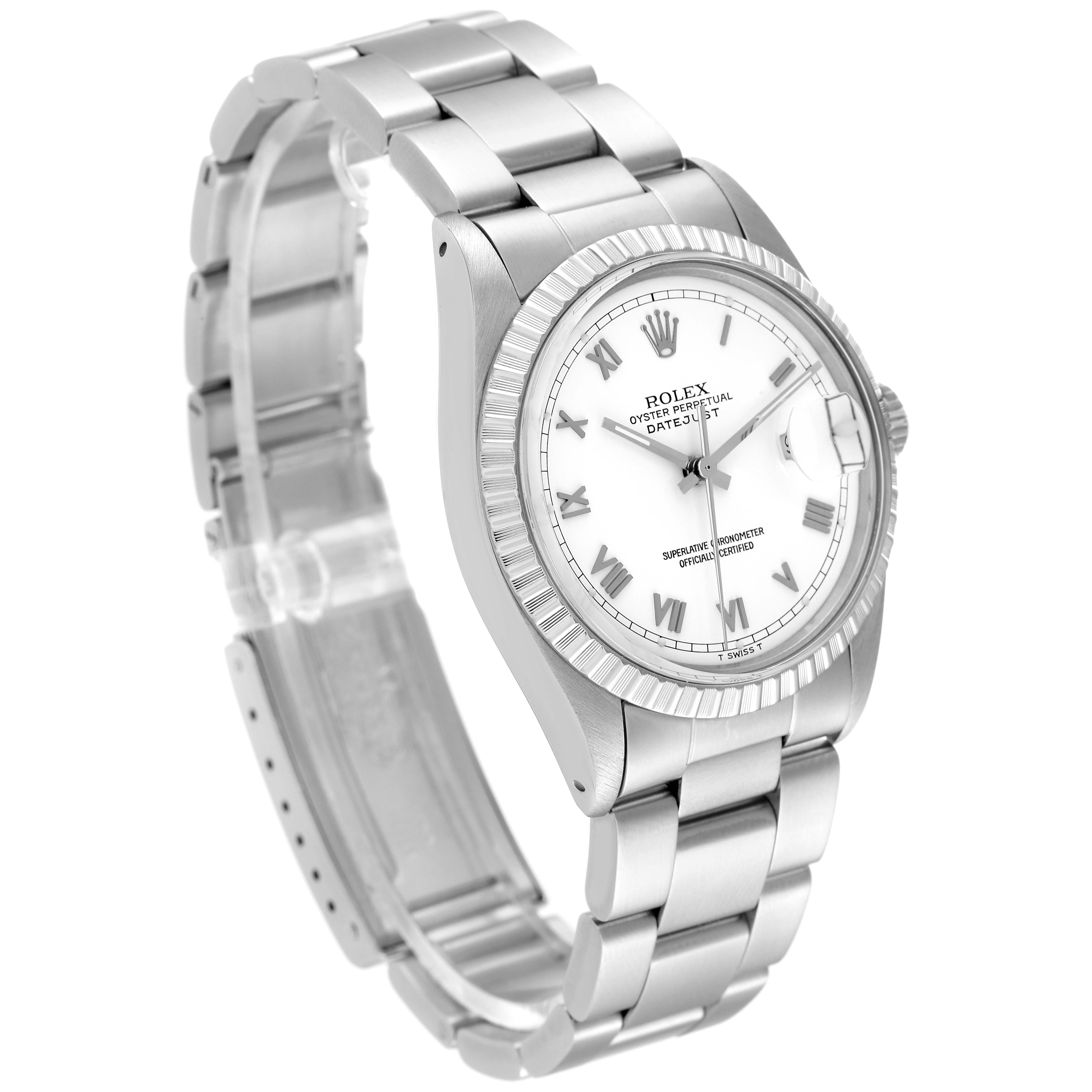 The Rolex Datejust 16030 Men's Stainless Steel White Dial 16030 Men's Stainless Steel White Dial watch is shown at a slight angle, highlighting its face, bezel, and part of the bracelet.