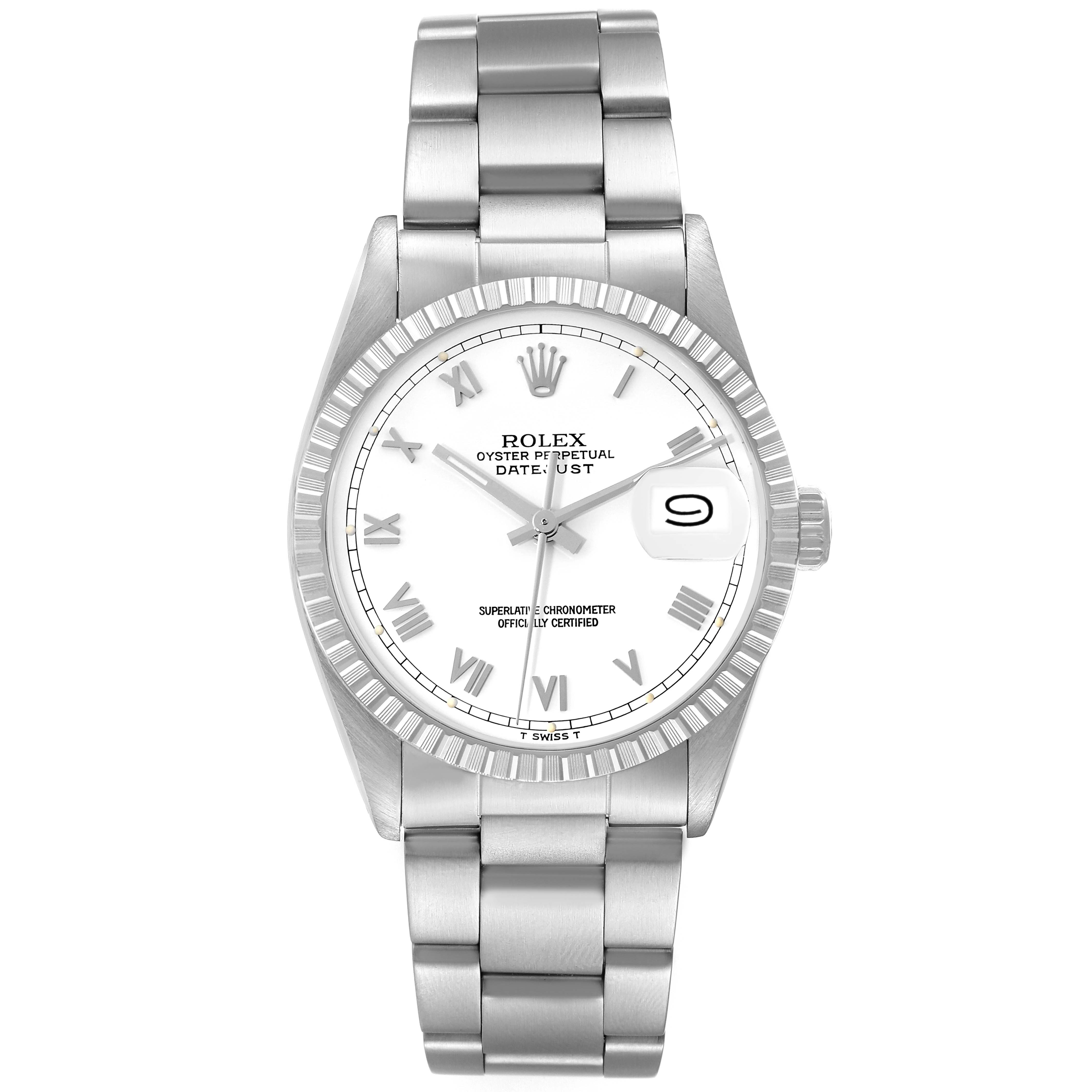 This image shows a front view of a Rolex Datejust 16030 Men's Stainless Steel White Dial 16030 Men's Stainless Steel White Dial watch, featuring its dial, bezel, and bracelet.