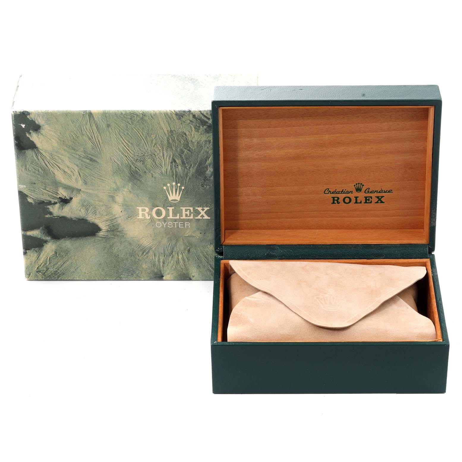 The image shows a Rolex Datejust 16030 Men's Stainless Steel White Dial 16030 Men's Stainless Steel White Dial watch box and an open wooden-lined green case containing a suede pouch, viewed from the front.