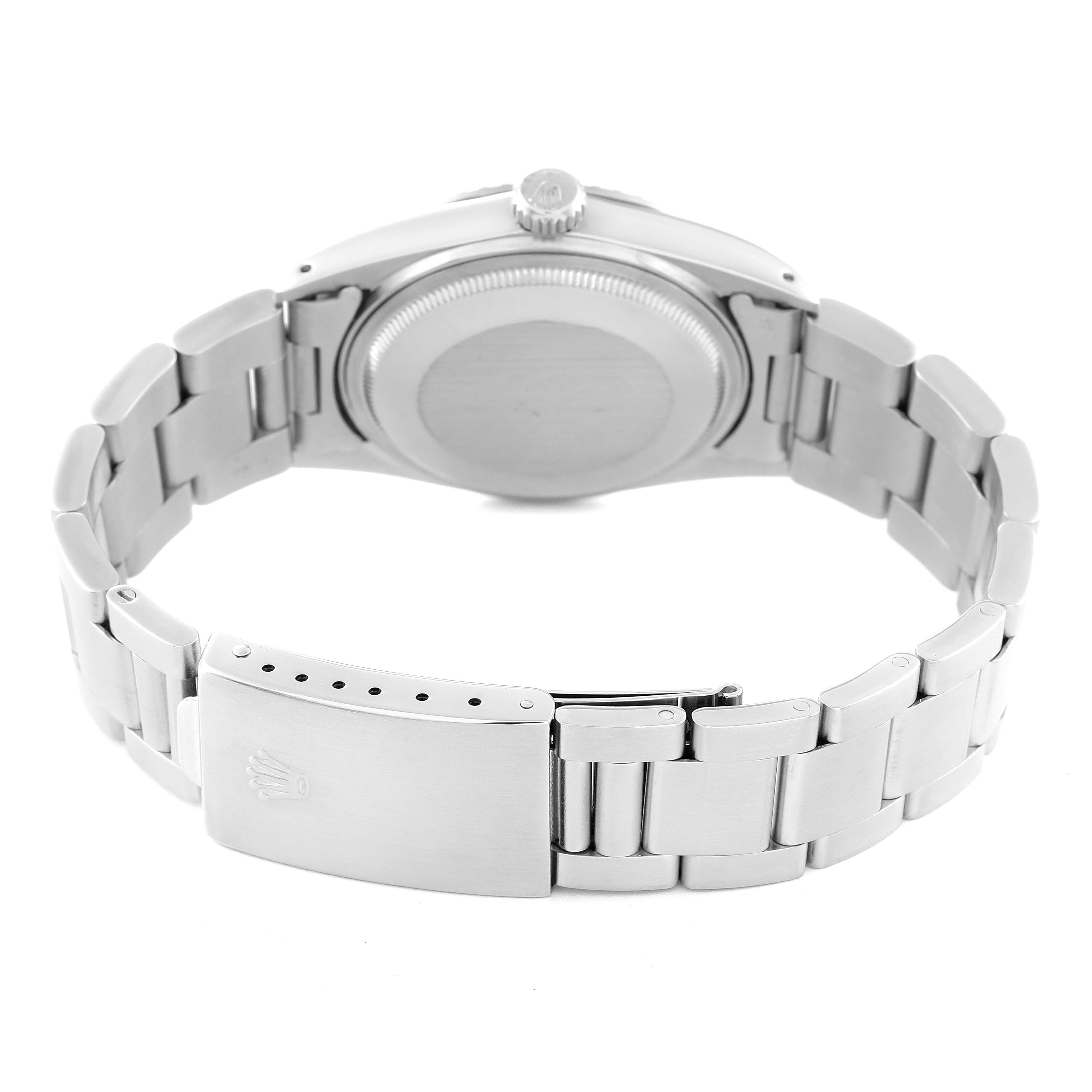 The image shows the back view of a Rolex Datejust 16030 Men's Stainless Steel White Dial 16030 Men's Stainless Steel White Dial watch, focusing on its clasp and bracelet.