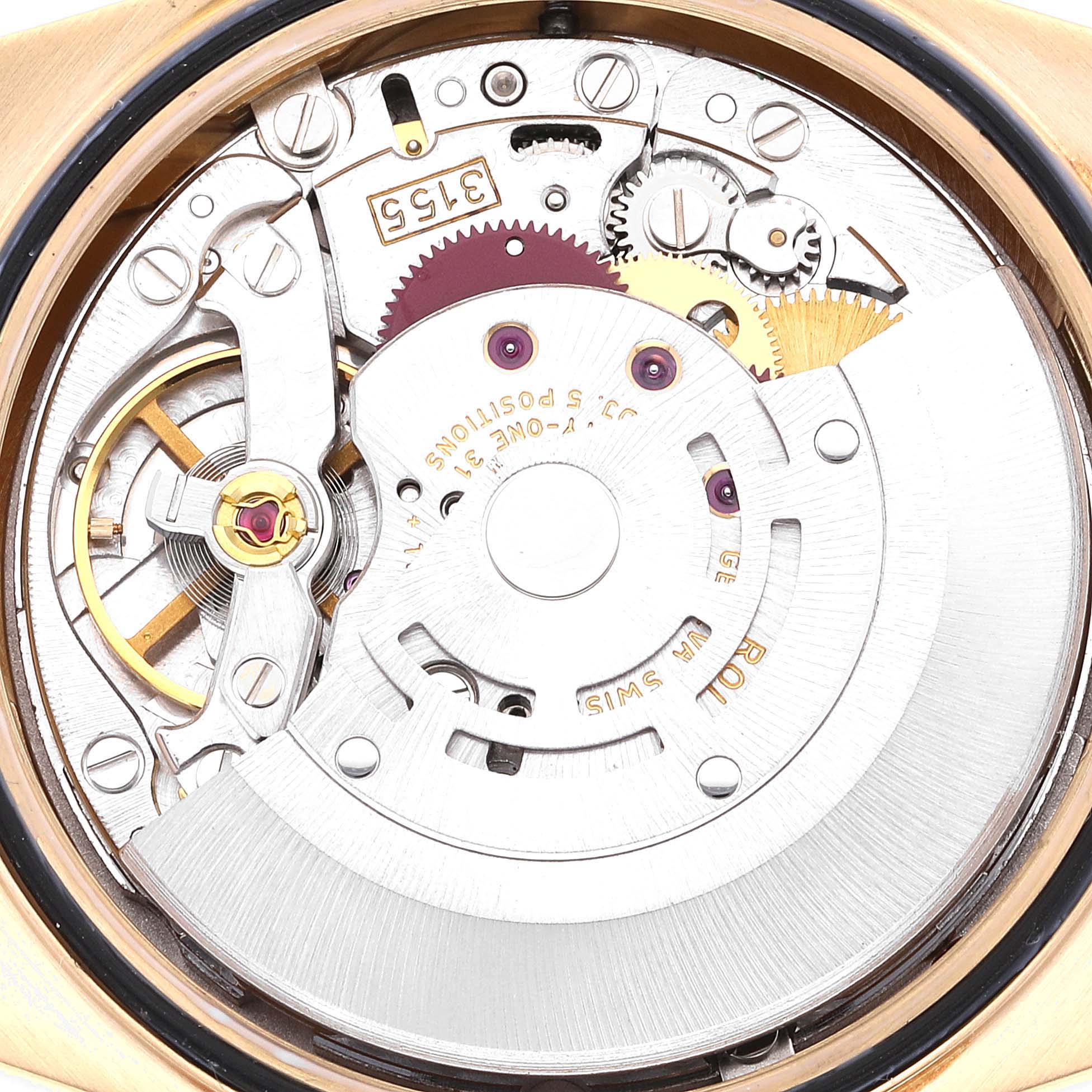 This image shows the internal mechanism and movement components of a Rolex President 18238 Men
s Yellow Gold Champagne Dial 18238 Men
s Yellow Gold Champagne Dial model watch.