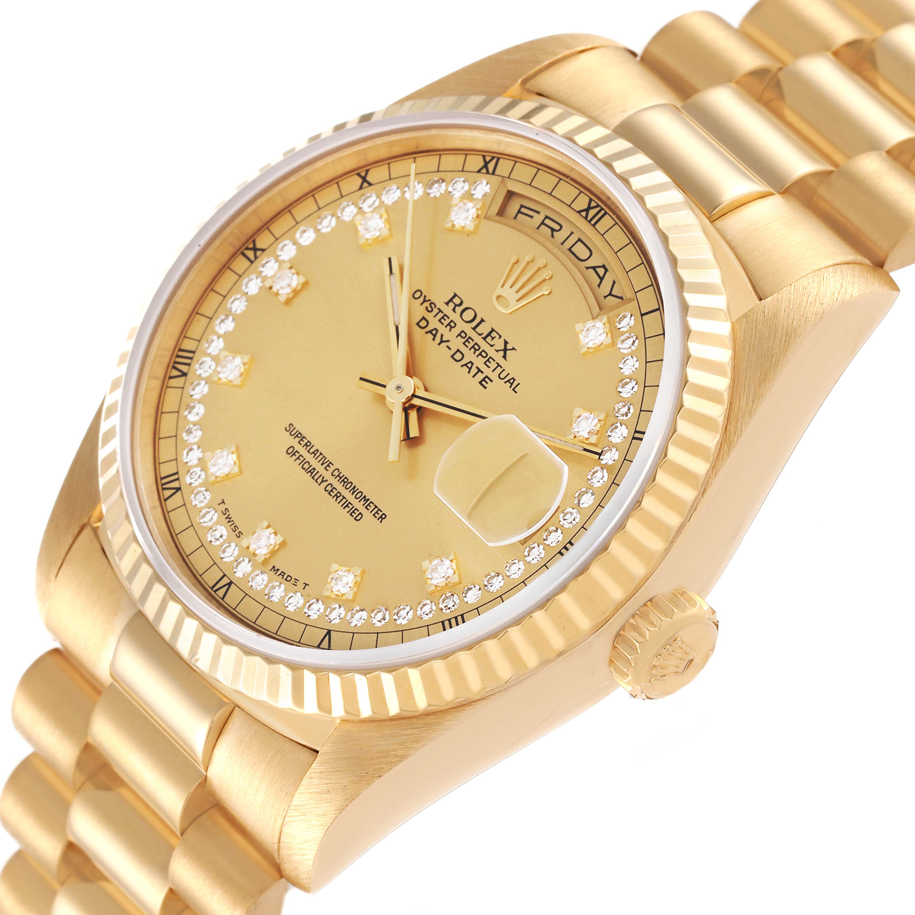 This image shows an angled view of a Rolex President 18238 Men
s Yellow Gold Champagne Dial 18238 Men
s Yellow Gold Champagne Dial model, highlighting its gold case, dial, bracelet, crown, and diamond markers.