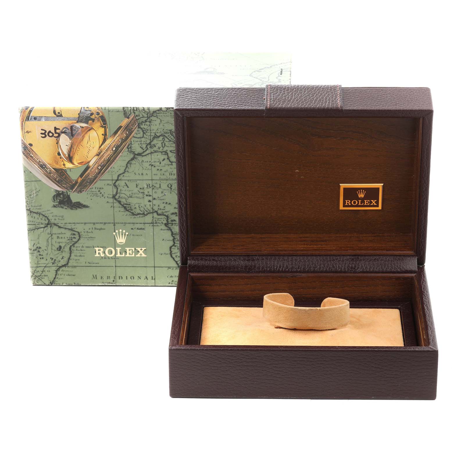 The image shows an open Rolex President 18238 Men
s Yellow Gold Champagne Dial 18238 Men
s Yellow Gold Champagne Dial model watch box and an outer box with a map design.